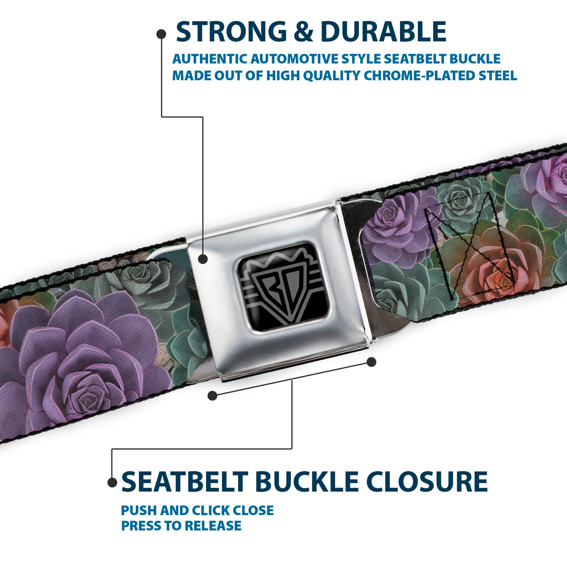 BD Wings Logo CLOSE-UP Full Color Black Silver Seatbelt Belt - Succulents Stacked Green/Pink/Orange Webbing Seatbelt Belts Buckle-Down