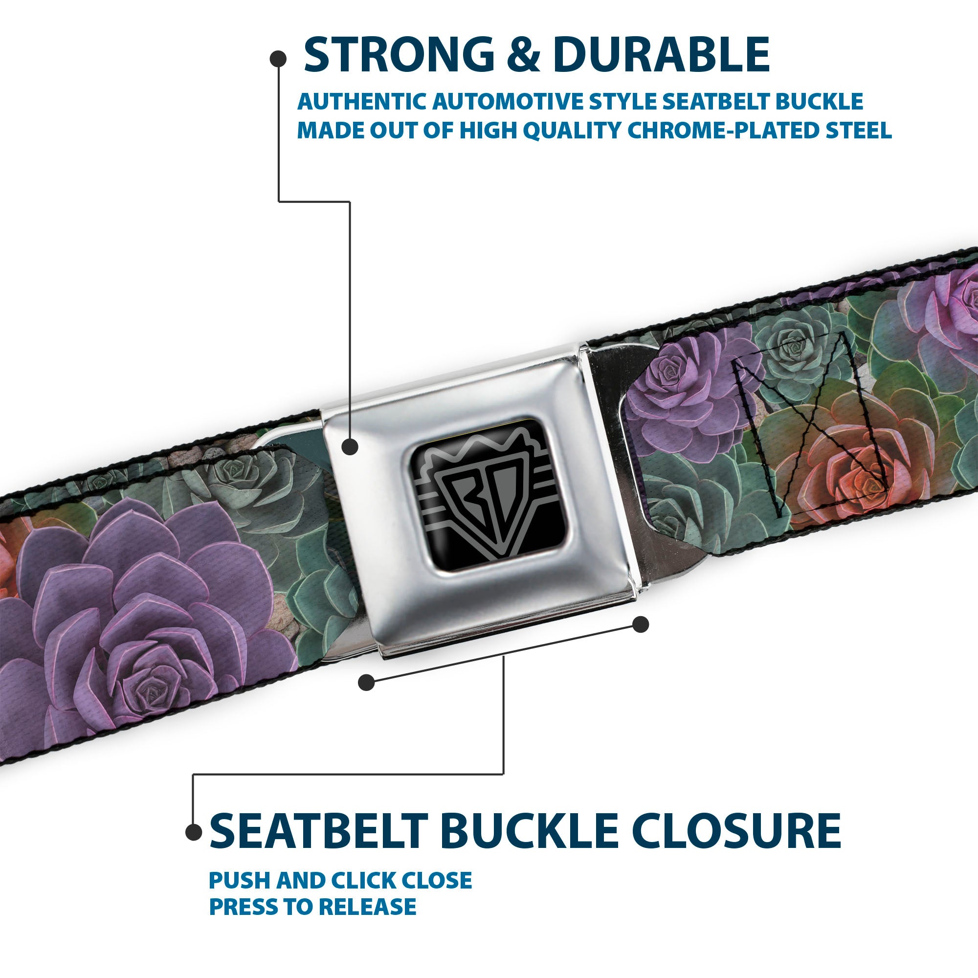 BD Wings Logo CLOSE-UP Full Color Black Silver Seatbelt Belt - Succulents Stacked Green/Pink/Orange Webbing Seatbelt Belts Buckle-Down