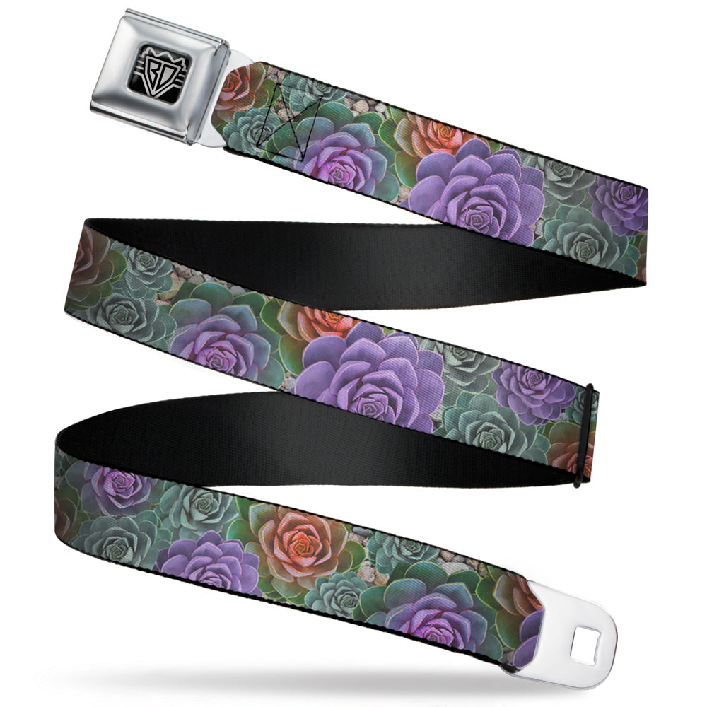 BD Wings Logo CLOSE-UP Full Color Black Silver Seatbelt Belt - Succulents Stacked Green/Pink/Orange Webbing Seatbelt Belts Buckle-Down