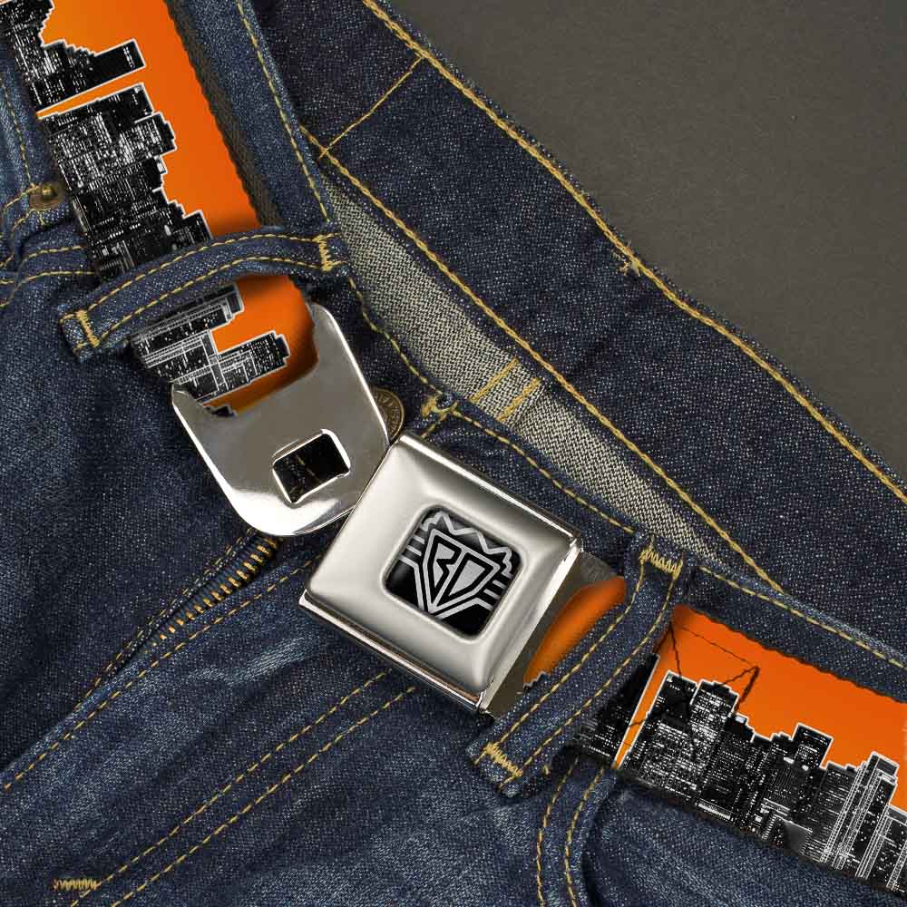 BD Wings Logo CLOSE-UP Full Color Black Silver Seatbelt Belt - San Francisco Vivid Skyline Orange Fade/Black Webbing Seatbelt Belts Buckle-Down