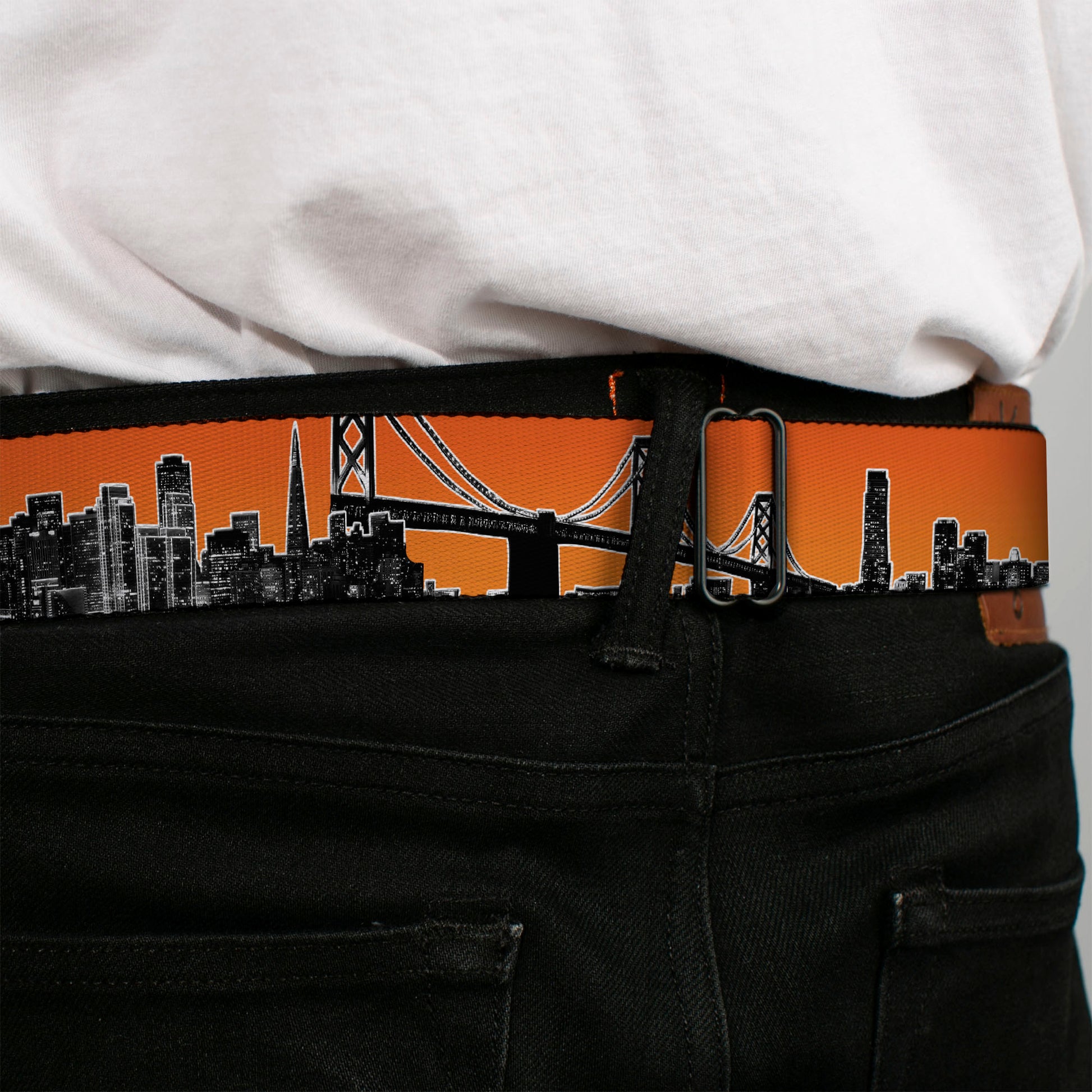 BD Wings Logo CLOSE-UP Full Color Black Silver Seatbelt Belt - San Francisco Vivid Skyline Orange Fade/Black Webbing Seatbelt Belts Buckle-Down