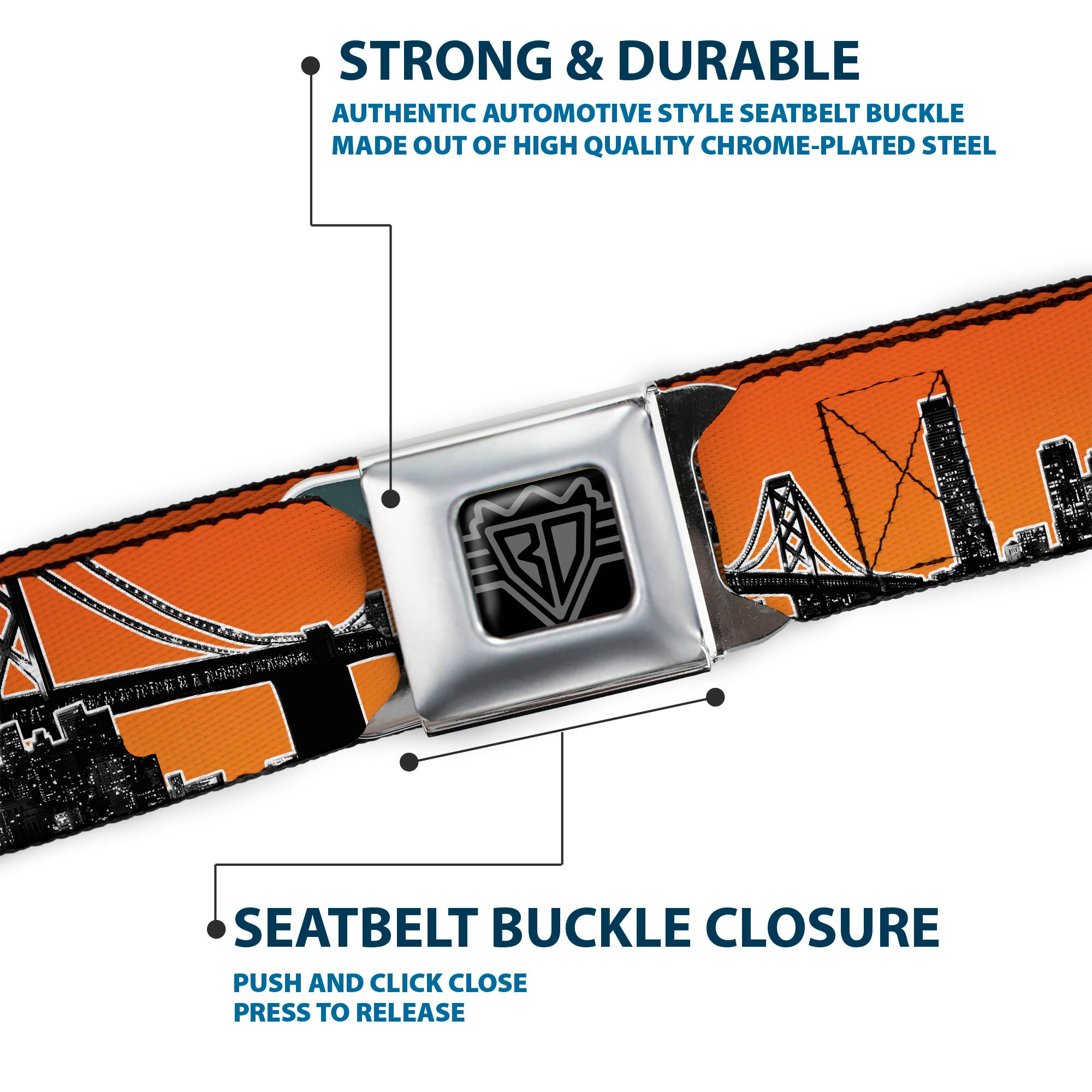 BD Wings Logo CLOSE-UP Full Color Black Silver Seatbelt Belt - San Francisco Vivid Skyline Orange Fade/Black Webbing Seatbelt Belts Buckle-Down