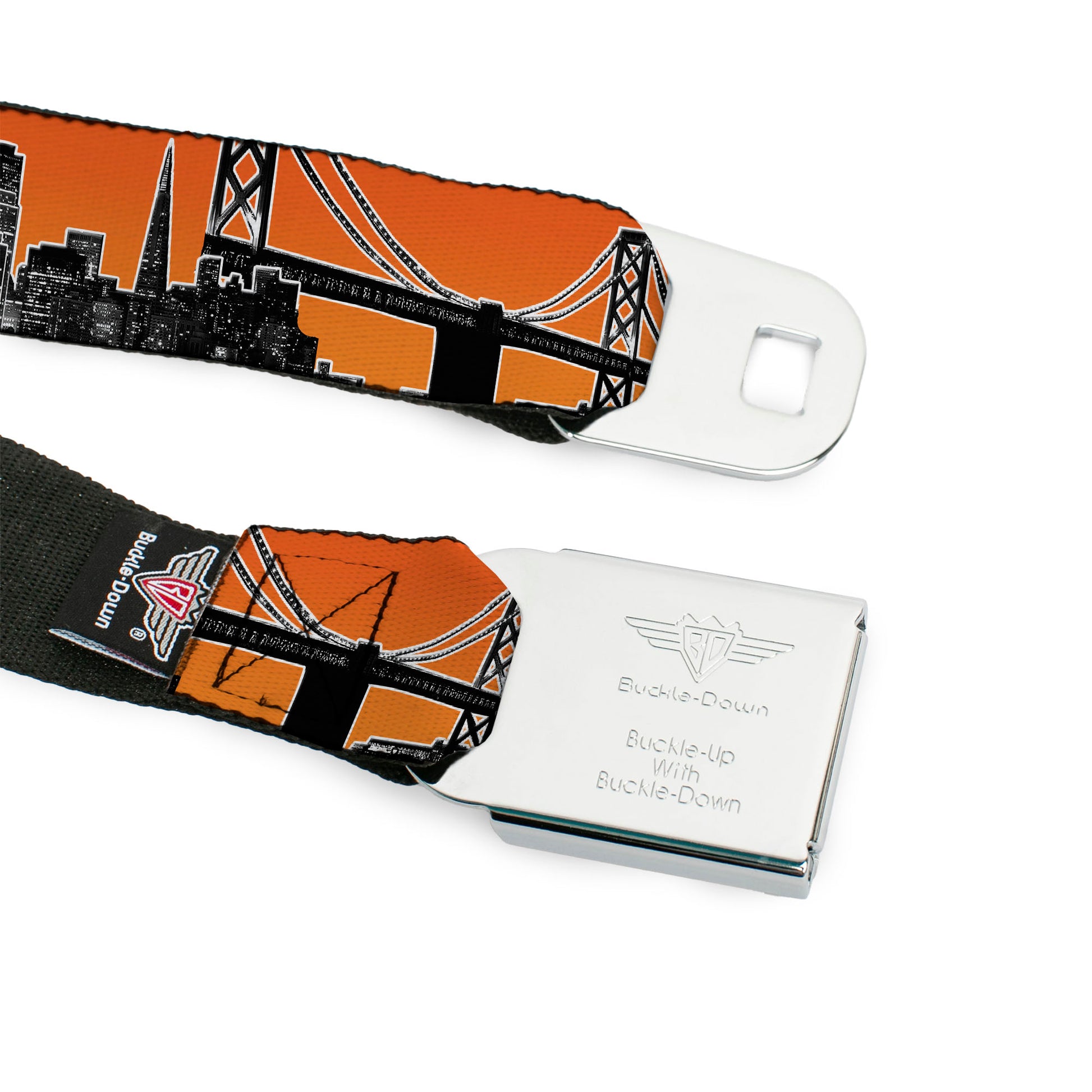 BD Wings Logo CLOSE-UP Full Color Black Silver Seatbelt Belt - San Francisco Vivid Skyline Orange Fade/Black Webbing Seatbelt Belts Buckle-Down