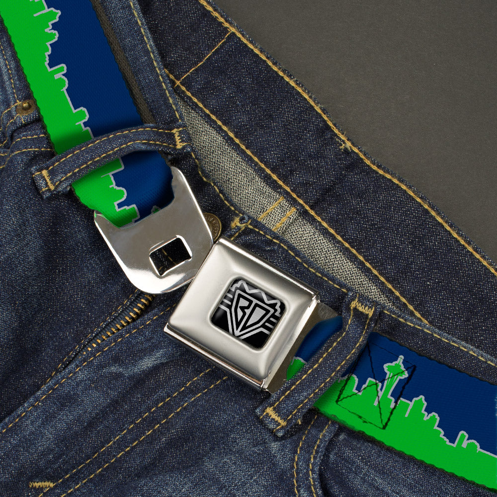 BD Wings Logo CLOSE-UP Full Color Black Silver Seatbelt Belt - Seattle Skyline Navy/Gray/Green Webbing Seatbelt Belts Buckle-Down