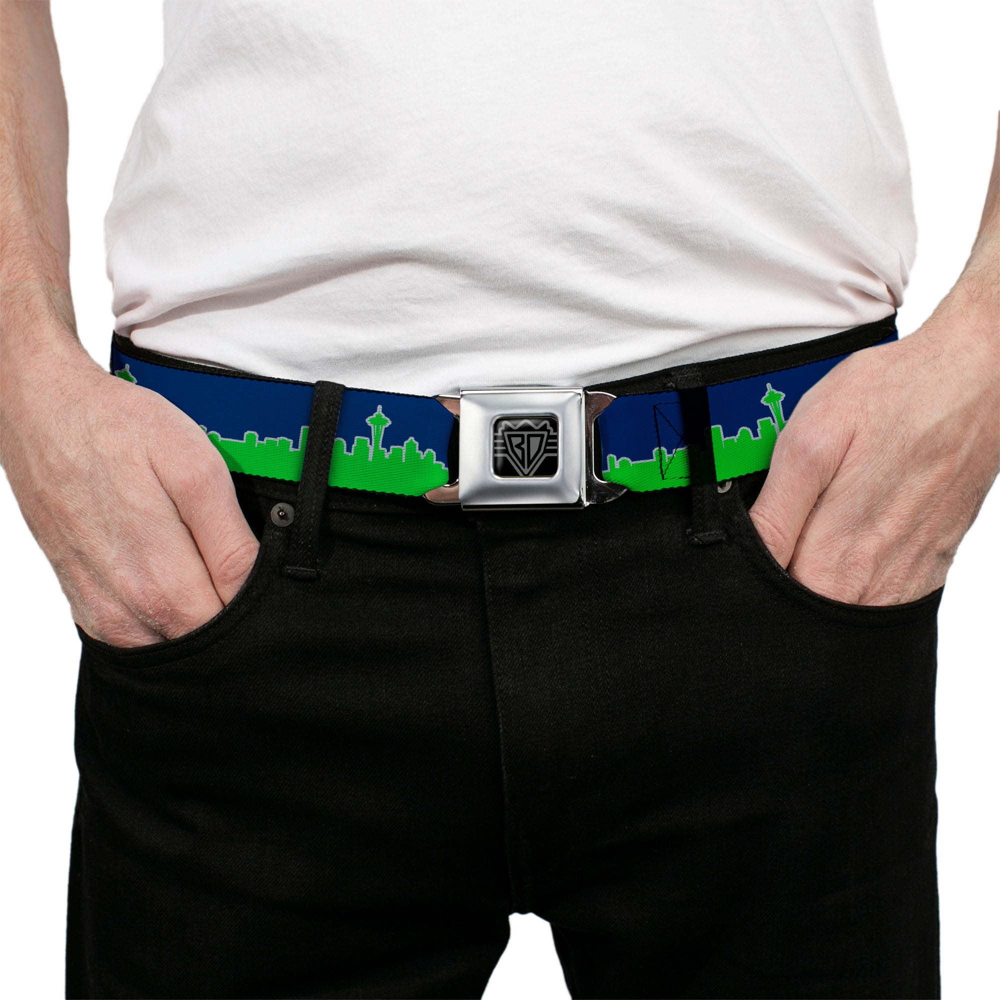 BD Wings Logo CLOSE-UP Full Color Black Silver Seatbelt Belt - Seattle Skyline Navy/Gray/Green Webbing Seatbelt Belts Buckle-Down