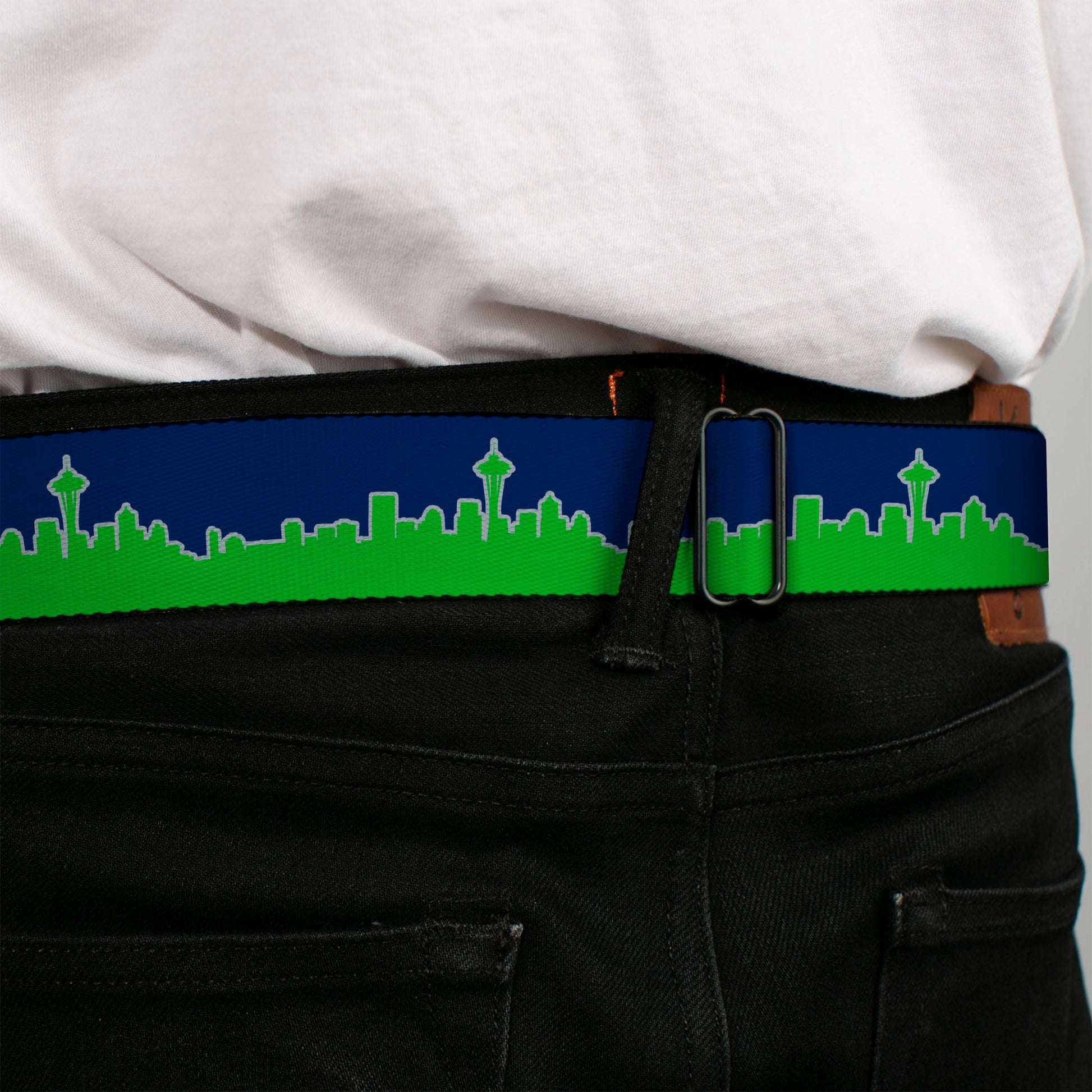 BD Wings Logo CLOSE-UP Full Color Black Silver Seatbelt Belt - Seattle Skyline Navy/Gray/Green Webbing Seatbelt Belts Buckle-Down
