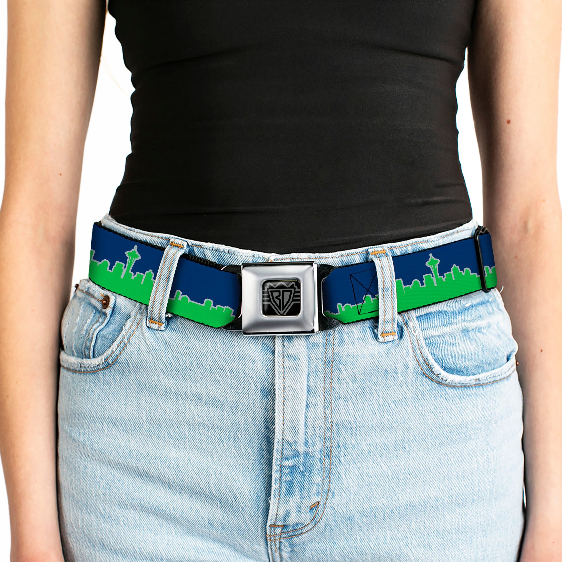 BD Wings Logo CLOSE-UP Full Color Black Silver Seatbelt Belt - Seattle Skyline Navy/Gray/Green Webbing Seatbelt Belts Buckle-Down