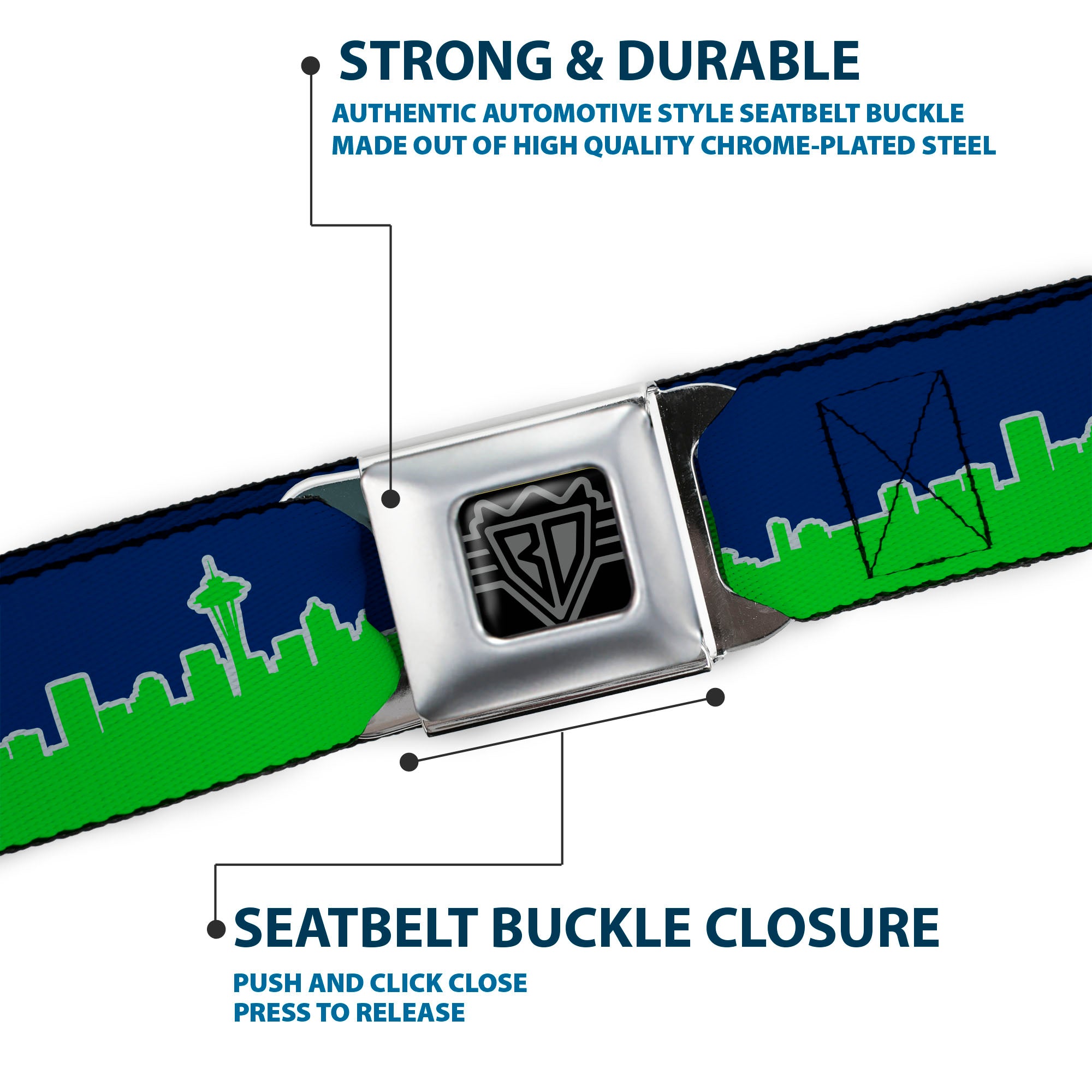 BD Wings Logo CLOSE-UP Full Color Black Silver Seatbelt Belt - Seattle Skyline Navy/Gray/Green Webbing Seatbelt Belts Buckle-Down