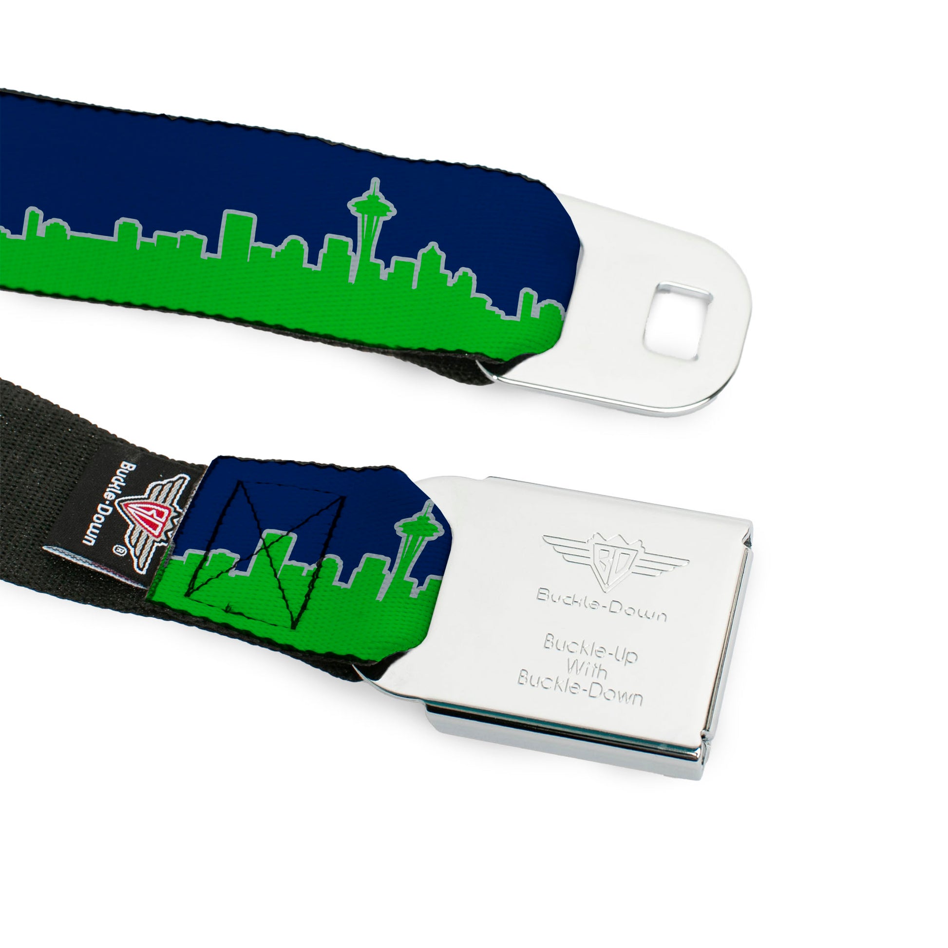 BD Wings Logo CLOSE-UP Full Color Black Silver Seatbelt Belt - Seattle Skyline Navy/Gray/Green Webbing Seatbelt Belts Buckle-Down