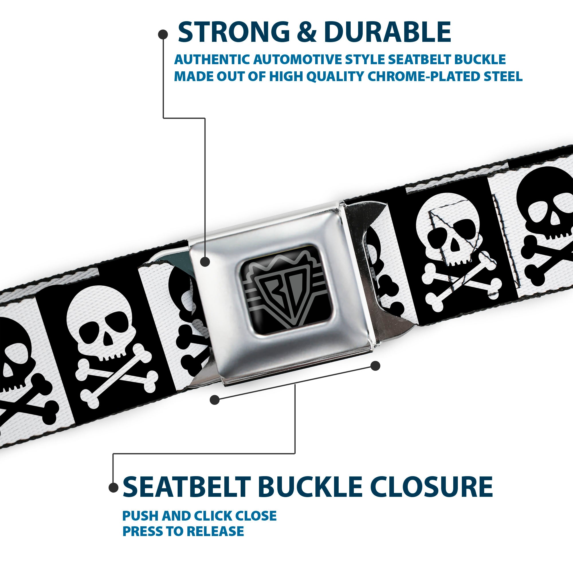 BD Wings Logo CLOSE-UP Full Color Black Silver Seatbelt Belt - Skull & Cross Bones Blocks Black/White White/Black Webbing Seatbelt Belts Buckle-Down