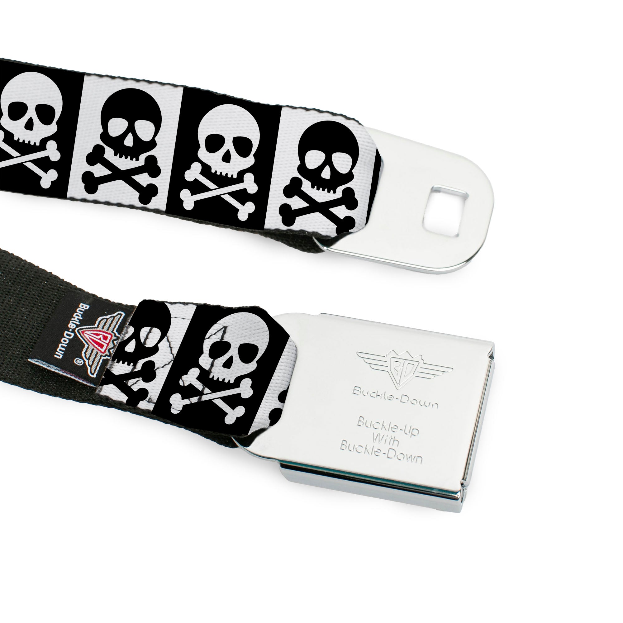 BD Wings Logo CLOSE-UP Full Color Black Silver Seatbelt Belt - Skull & Cross Bones Blocks Black/White White/Black Webbing Seatbelt Belts Buckle-Down