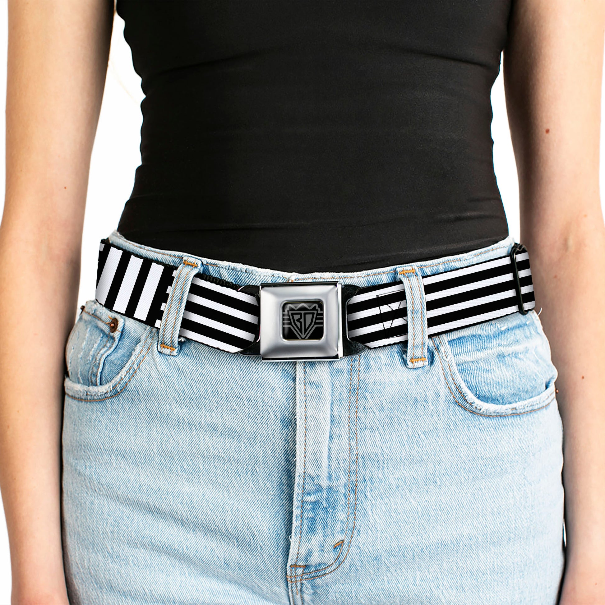 BD Wings Logo CLOSE-UP Full Color Black Silver Seatbelt Belt - Stripe Blocks Black/White Webbing Seatbelt Belts Buckle-Down