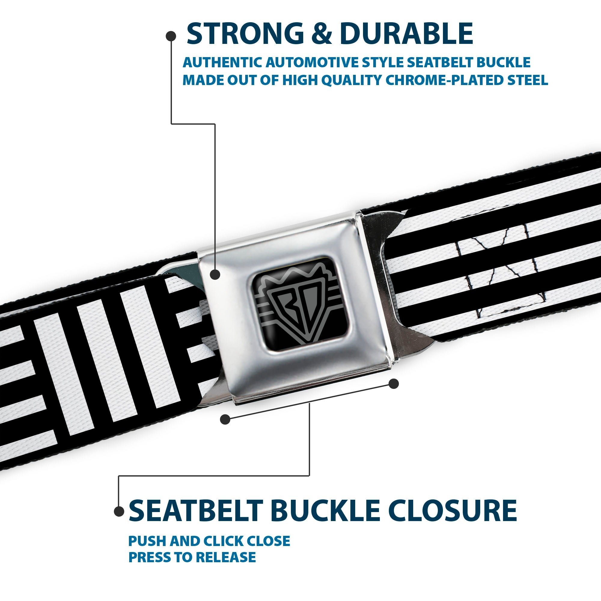 BD Wings Logo CLOSE-UP Full Color Black Silver Seatbelt Belt - Stripe Blocks Black/White Webbing Seatbelt Belts Buckle-Down