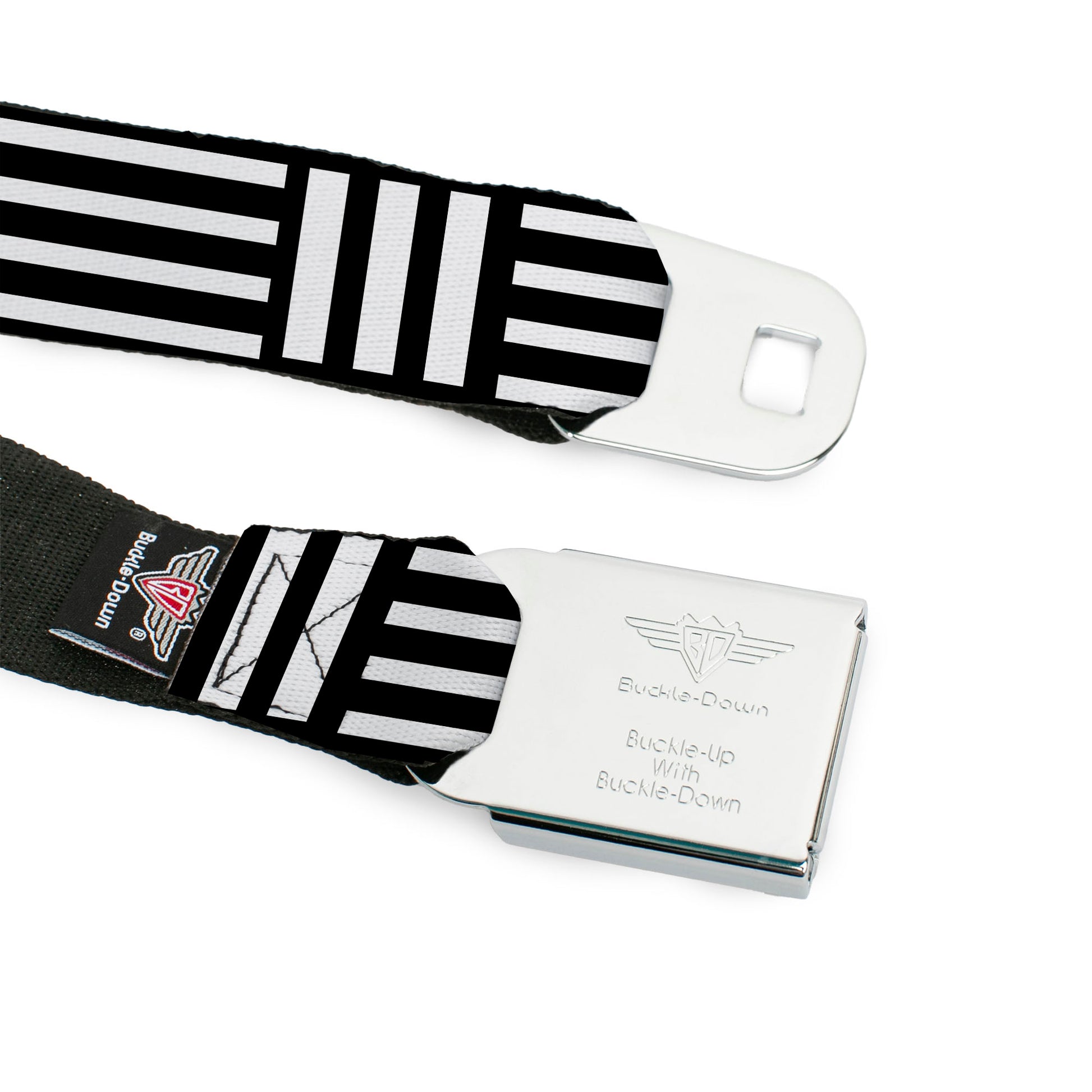 BD Wings Logo CLOSE-UP Full Color Black Silver Seatbelt Belt - Stripe Blocks Black/White Webbing Seatbelt Belts Buckle-Down