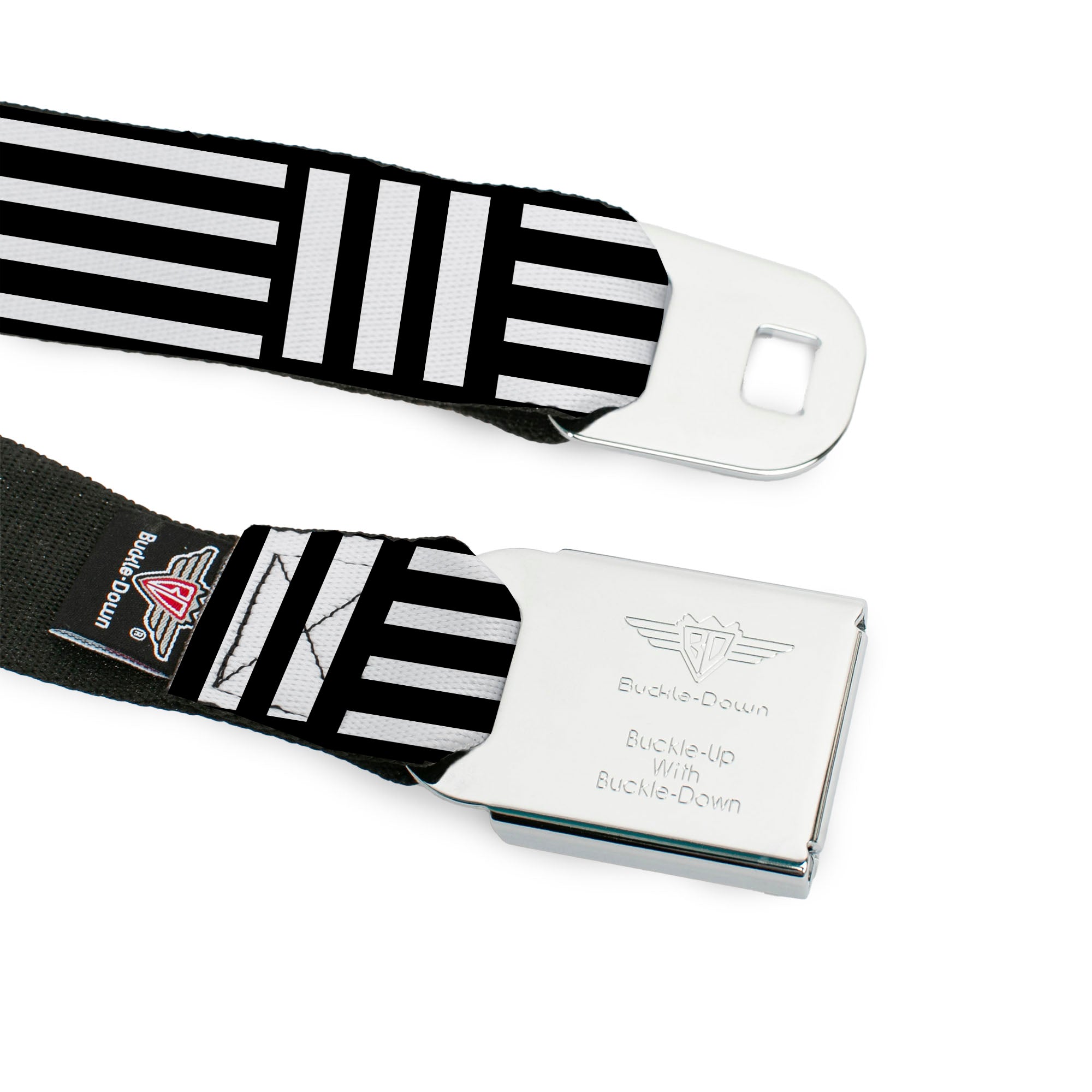 BD Wings Logo CLOSE-UP Full Color Black Silver Seatbelt Belt - Stripe Blocks Black/White Webbing Seatbelt Belts Buckle-Down