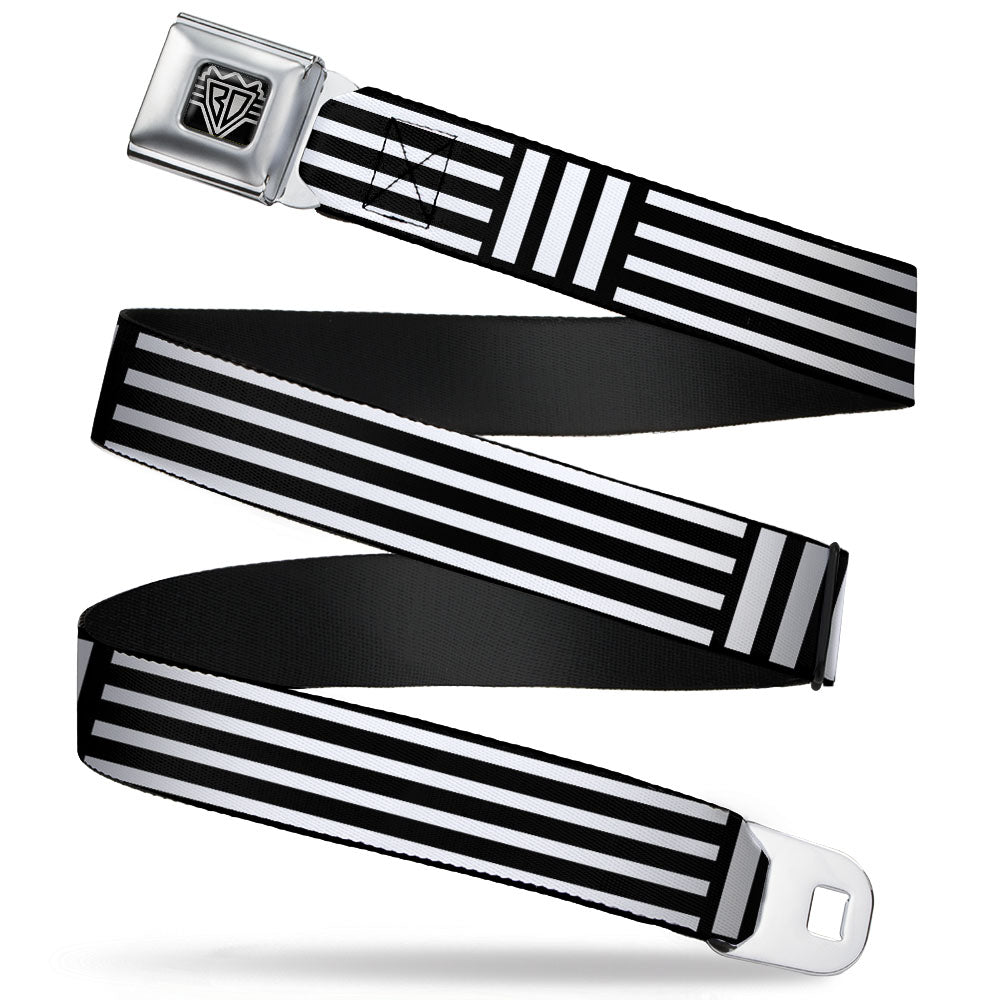 BD Wings Logo CLOSE-UP Full Color Black Silver Seatbelt Belt - Stripe Blocks Black/White Webbing Seatbelt Belts Buckle-Down