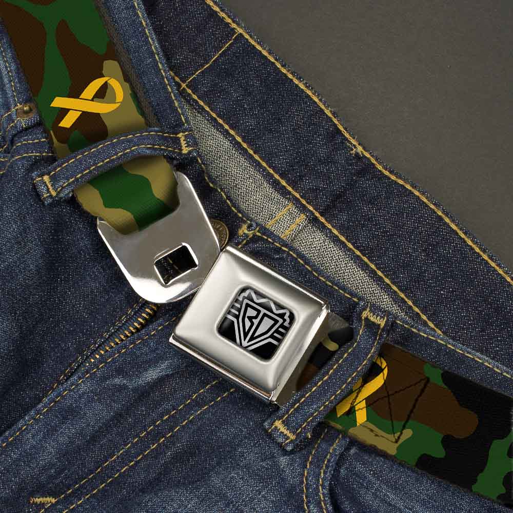 BD Wings Logo CLOSE-UP Full Color Black Silver Seatbelt Belt - Support Our Troops Camo Olive/Yellow Ribbon Webbing Seatbelt Belts Buckle-Down