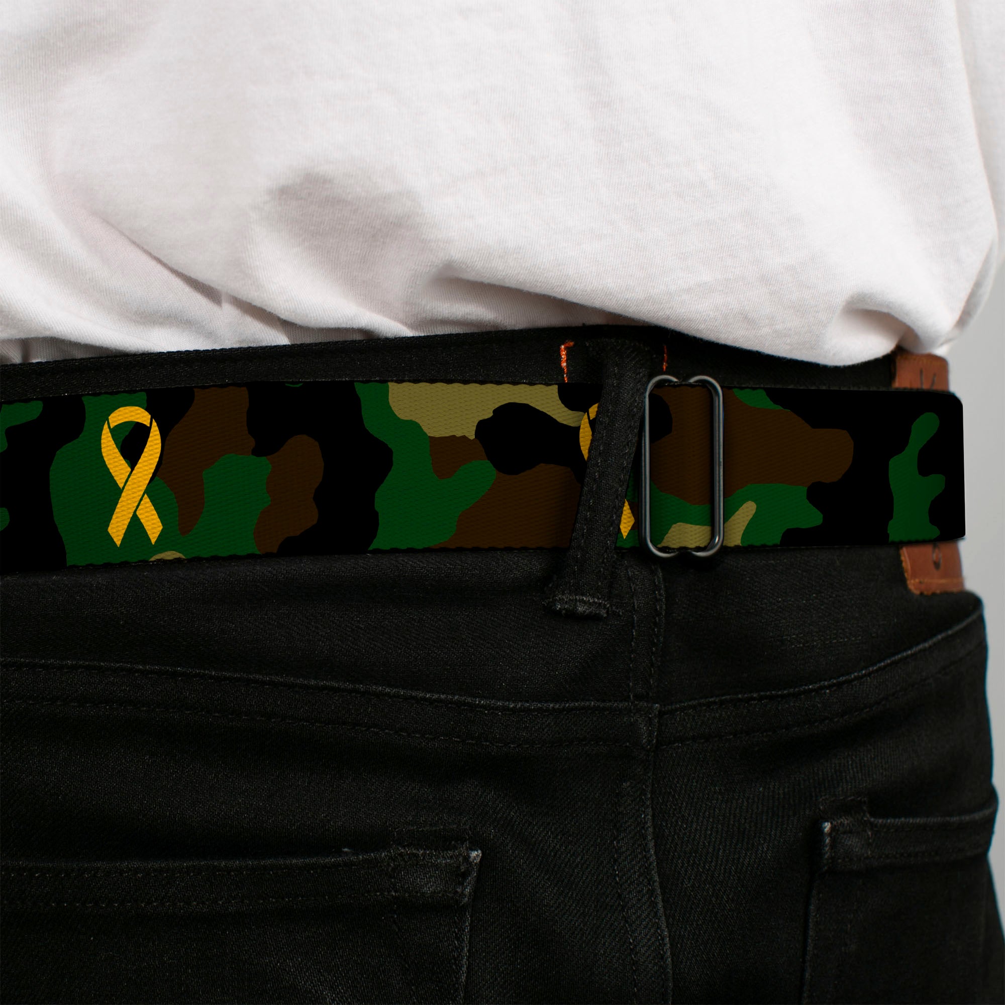 BD Wings Logo CLOSE-UP Full Color Black Silver Seatbelt Belt - Support Our Troops Camo Olive/Yellow Ribbon Webbing Seatbelt Belts Buckle-Down