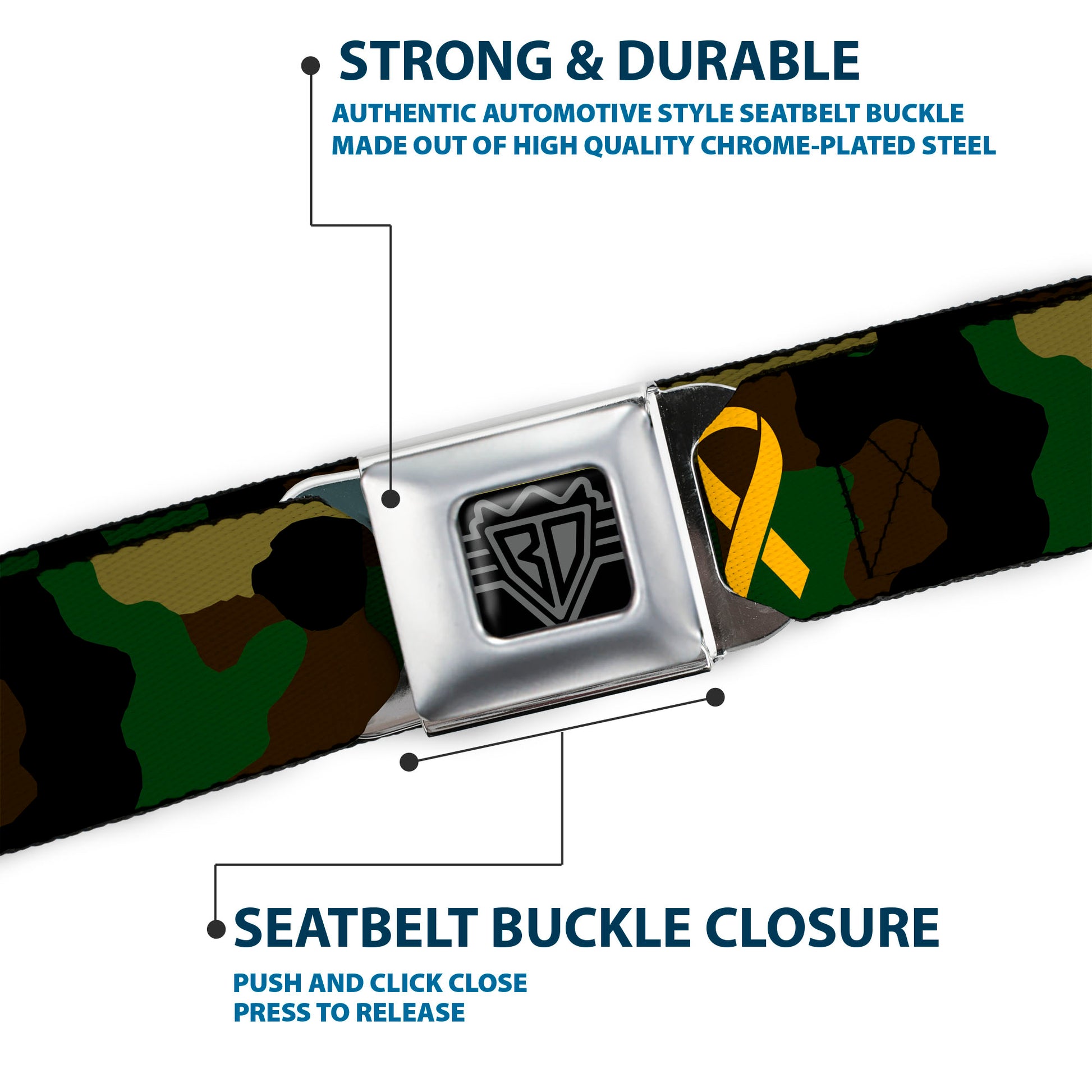 BD Wings Logo CLOSE-UP Full Color Black Silver Seatbelt Belt - Support Our Troops Camo Olive/Yellow Ribbon Webbing Seatbelt Belts Buckle-Down