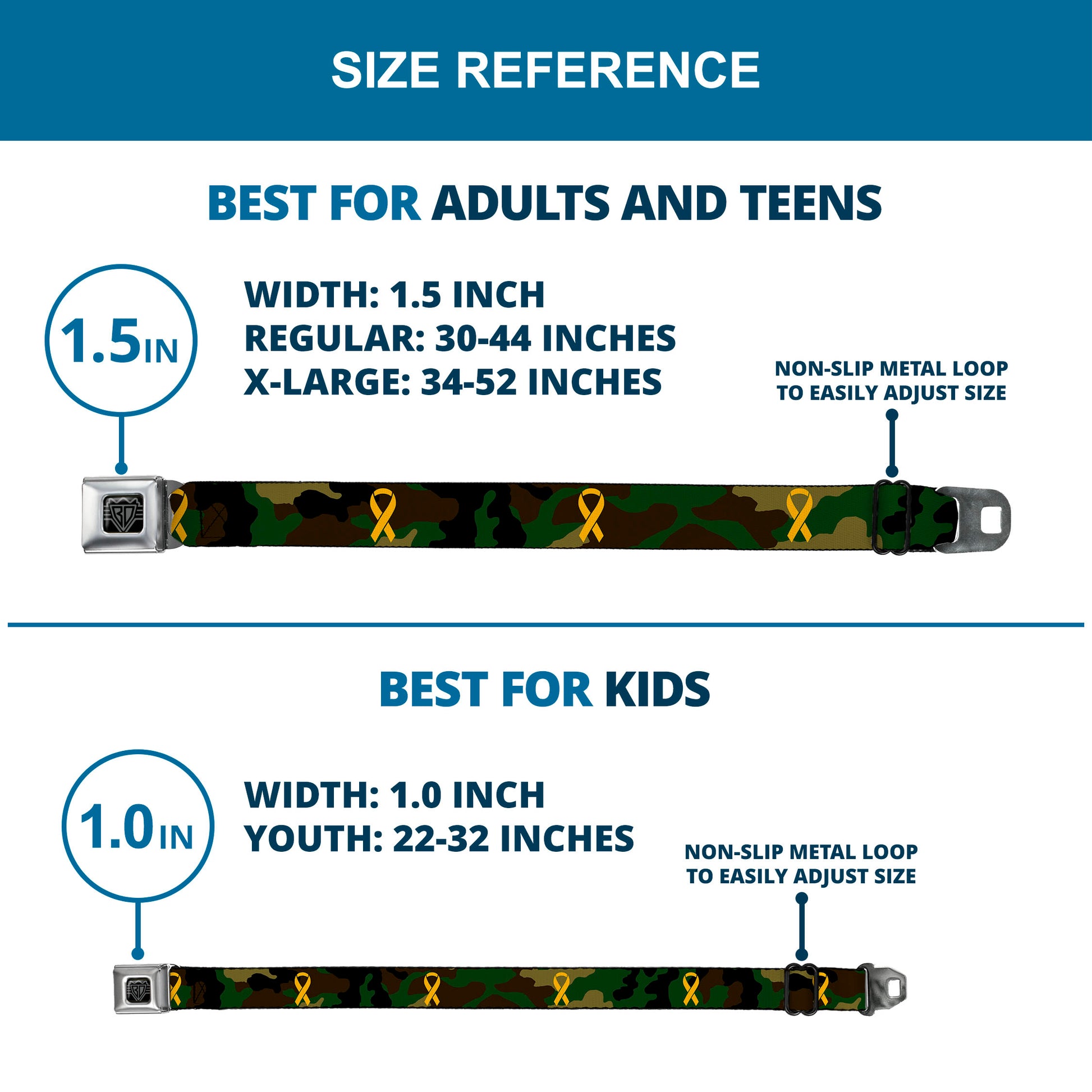 BD Wings Logo CLOSE-UP Full Color Black Silver Seatbelt Belt - Support Our Troops Camo Olive/Yellow Ribbon Webbing Seatbelt Belts Buckle-Down