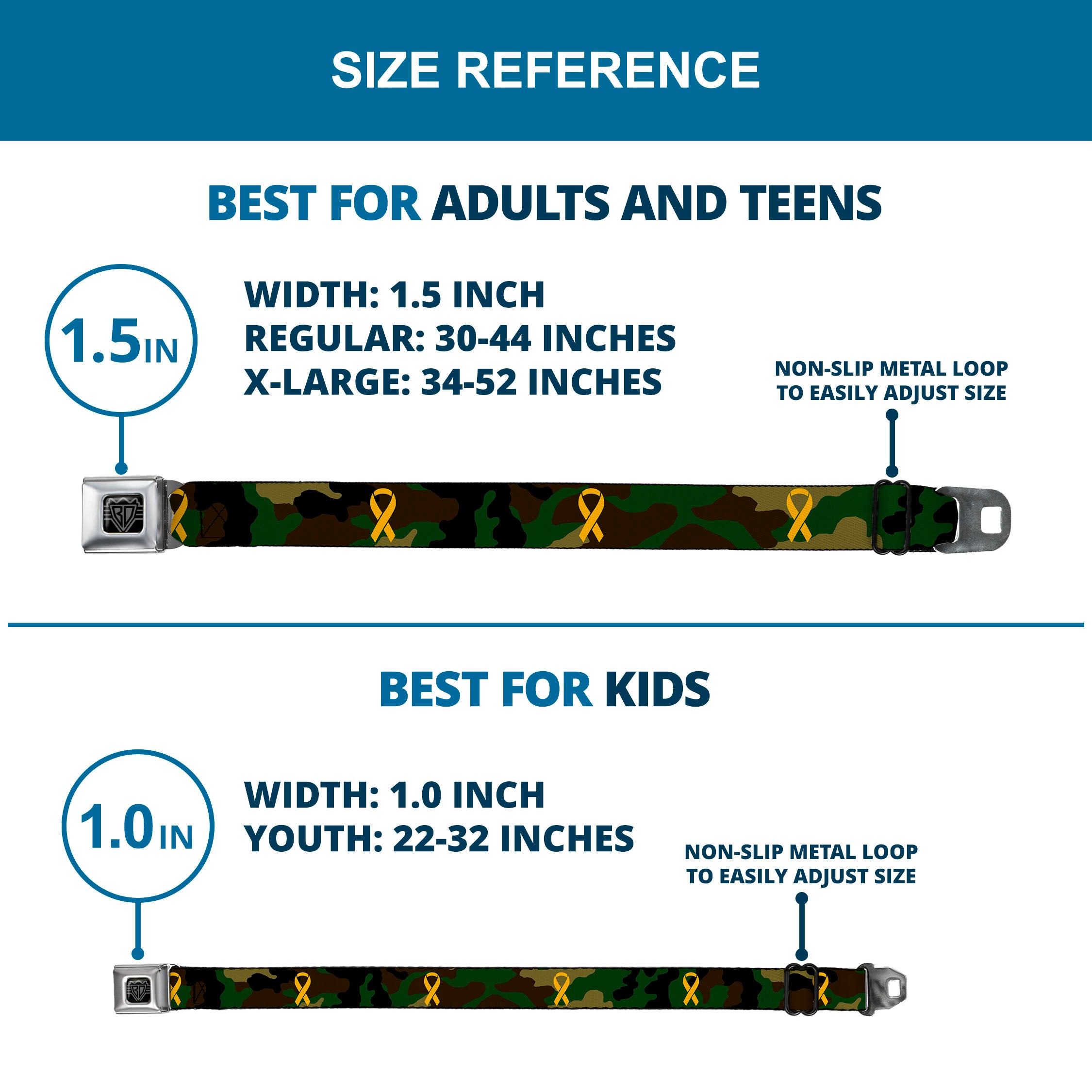 BD Wings Logo CLOSE-UP Full Color Black Silver Seatbelt Belt - Support Our Troops Camo Olive/Yellow Ribbon Webbing Seatbelt Belts Buckle-Down