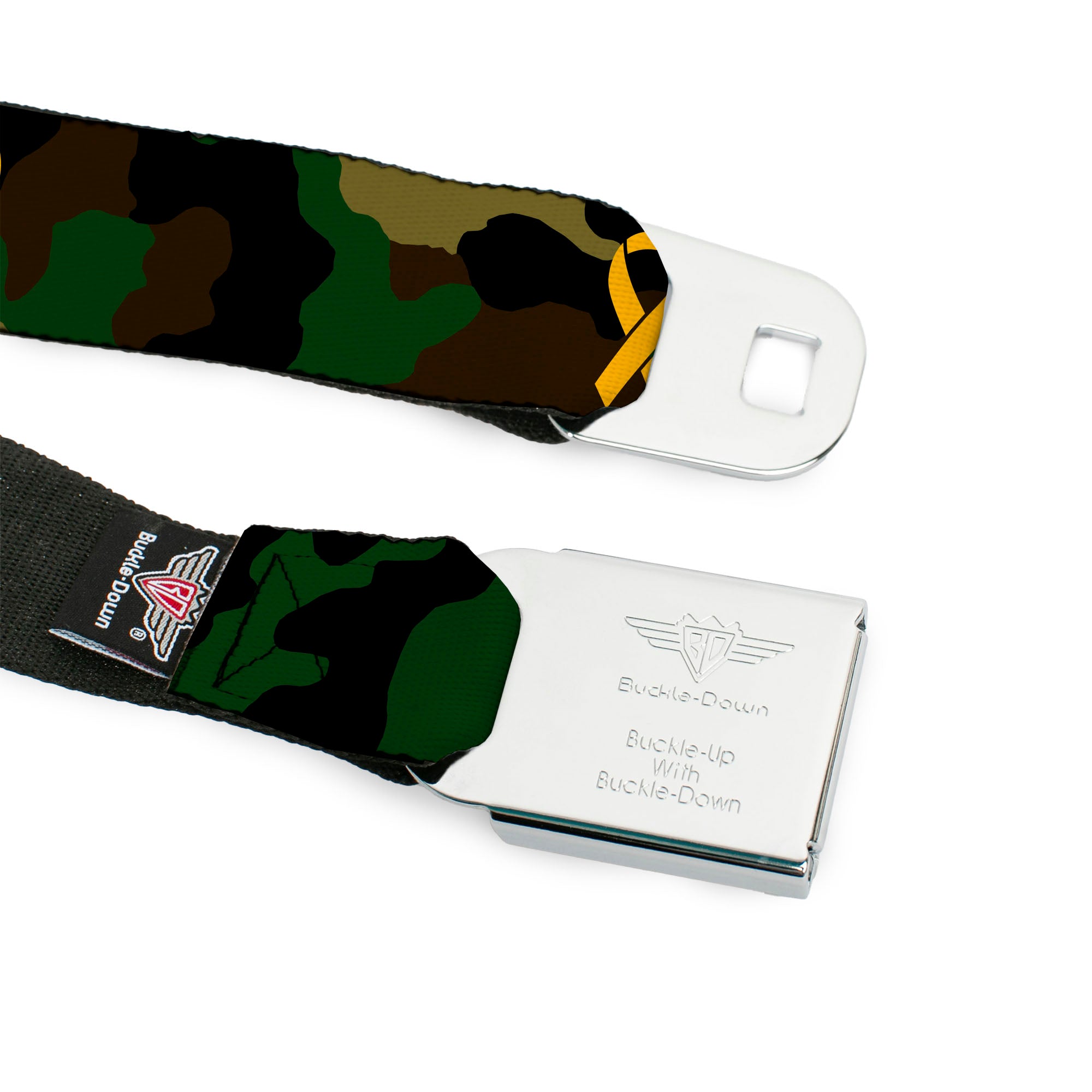 BD Wings Logo CLOSE-UP Full Color Black Silver Seatbelt Belt - Support Our Troops Camo Olive/Yellow Ribbon Webbing Seatbelt Belts Buckle-Down