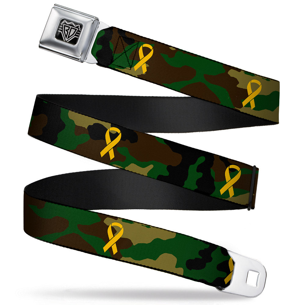 BD Wings Logo CLOSE-UP Full Color Black Silver Seatbelt Belt - Support Our Troops Camo Olive/Yellow Ribbon Webbing Seatbelt Belts Buckle-Down