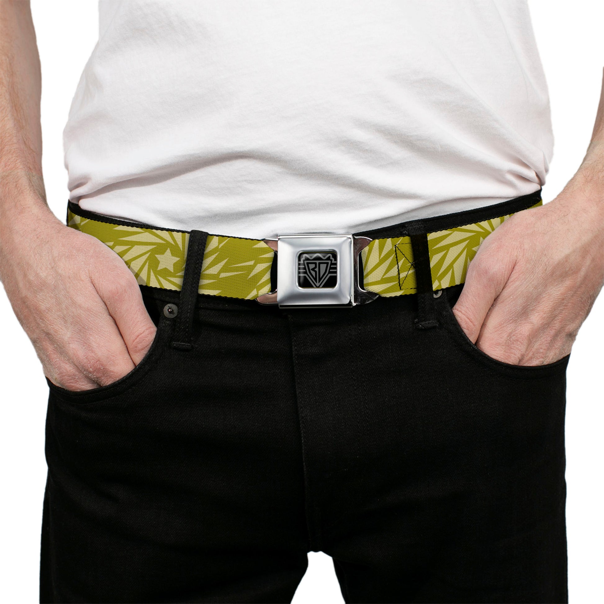 BD Wings Logo CLOSE-UP Black/Silver Seatbelt Belt - Star Pinwheel Olive Greens Webbing Seatbelt Belts Buckle-Down