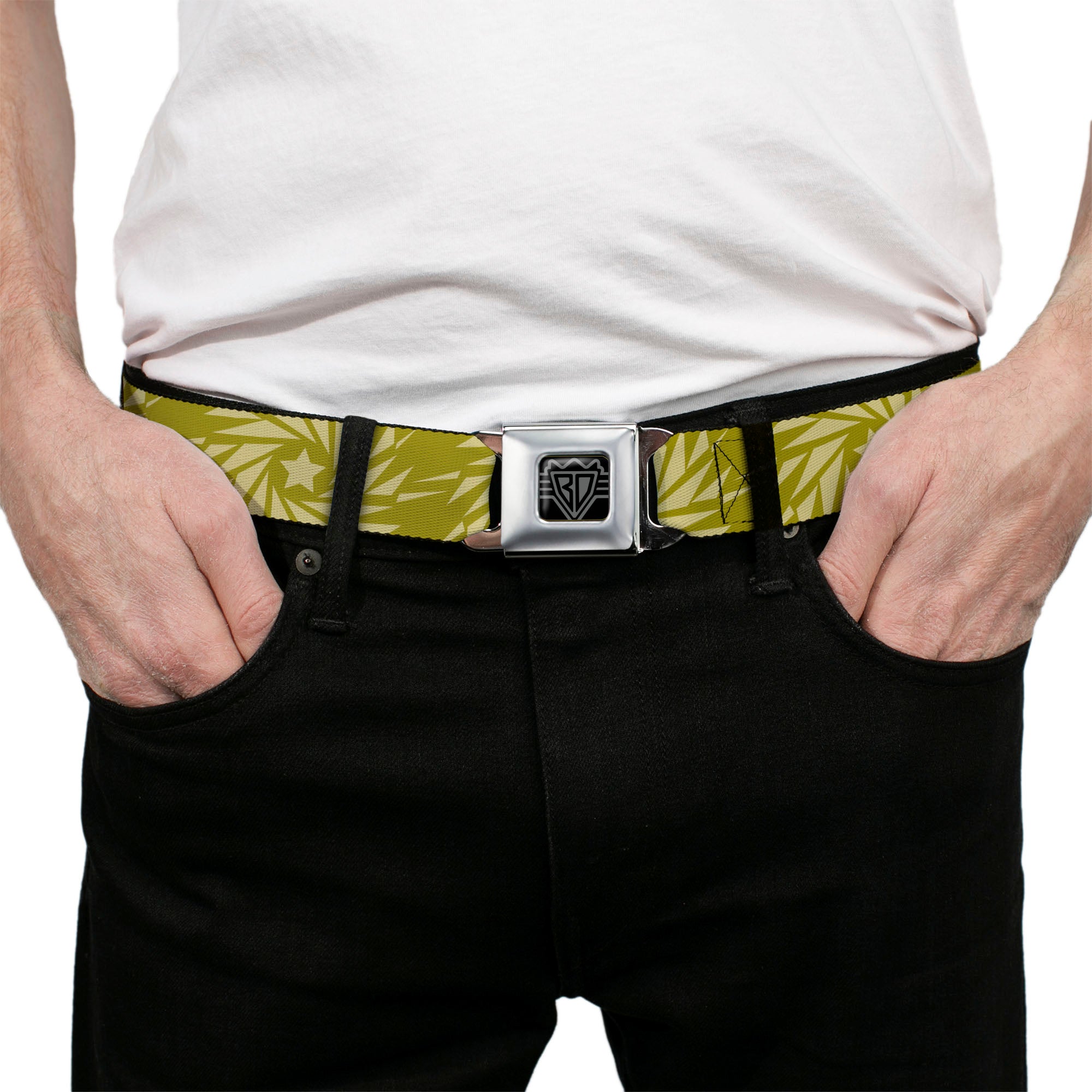 BD Wings Logo CLOSE-UP Black/Silver Seatbelt Belt - Star Pinwheel Olive Greens Webbing Seatbelt Belts Buckle-Down