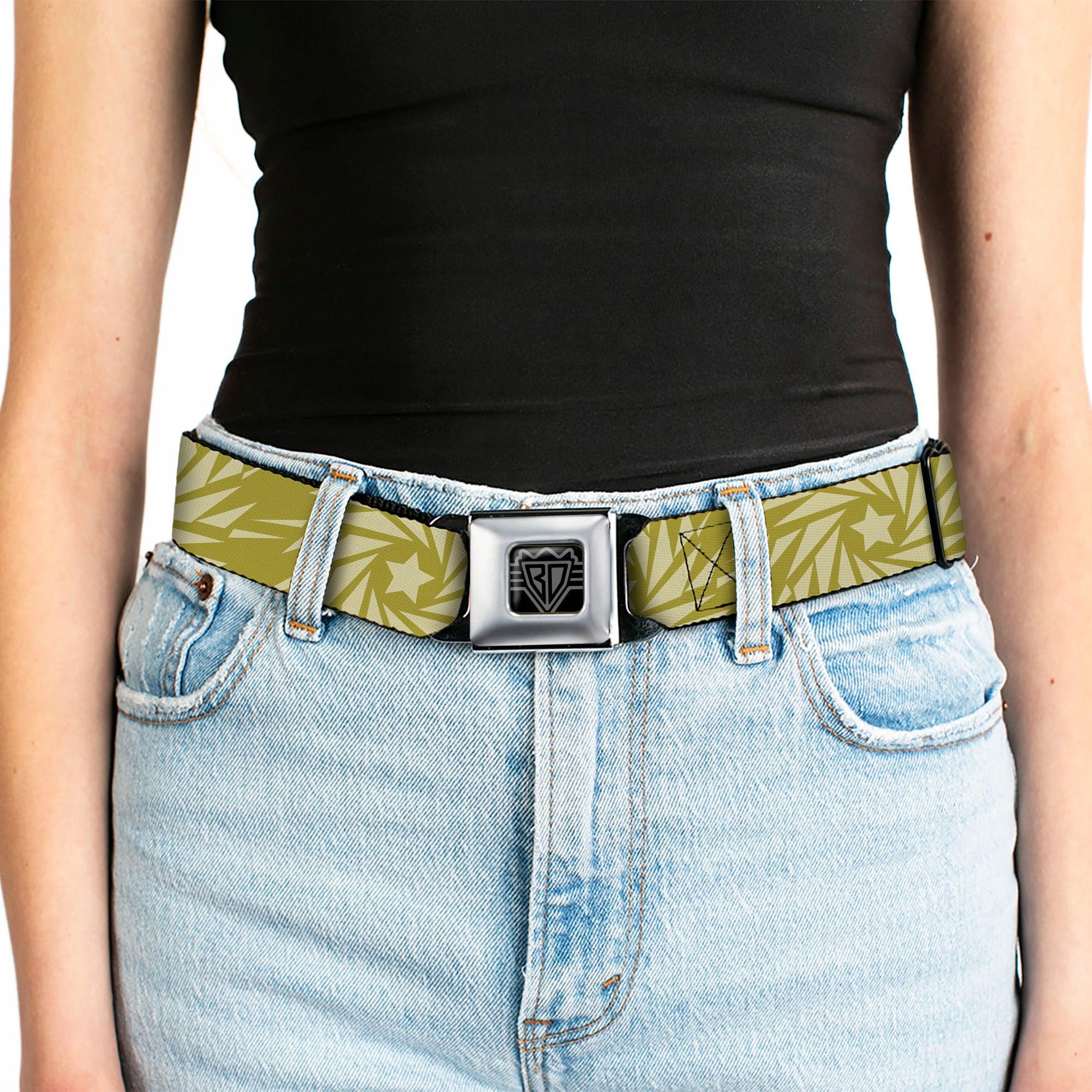 BD Wings Logo CLOSE-UP Black/Silver Seatbelt Belt - Star Pinwheel Olive Greens Webbing Seatbelt Belts Buckle-Down
