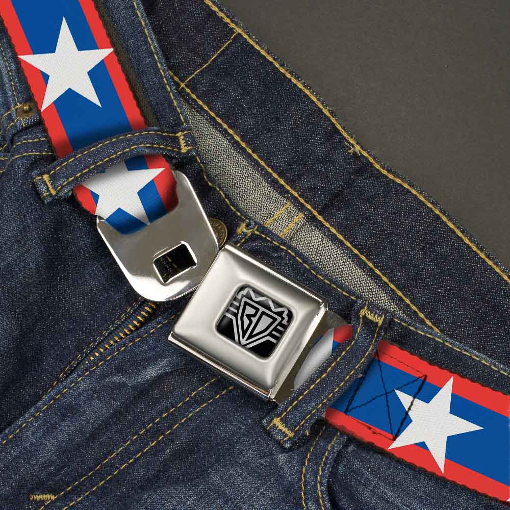 BD Wings Logo CLOSE-UP Full Color Black Silver Seatbelt Belt - Stars/Stripes Red/Blue/White Webbing Seatbelt Belts Buckle-Down