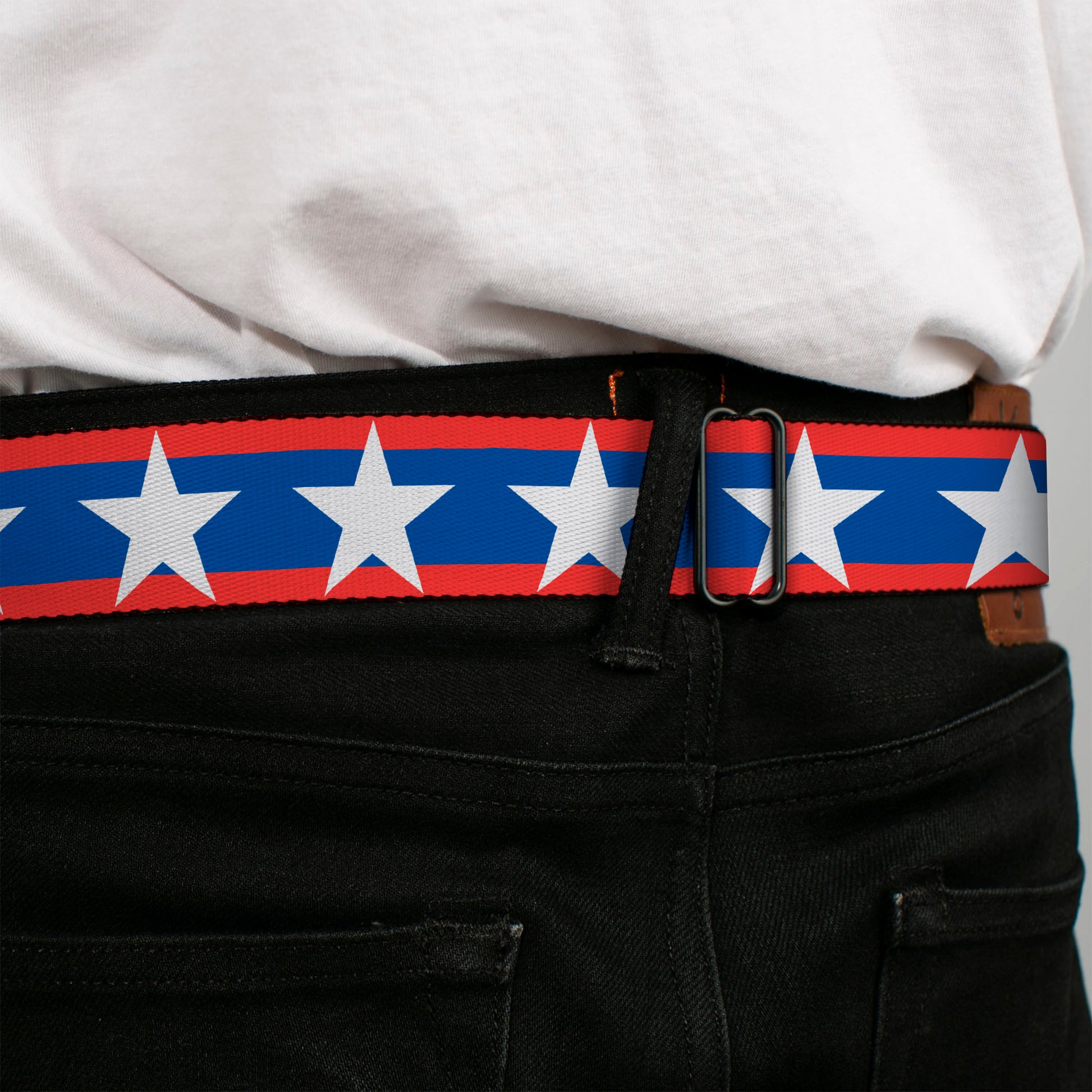 BD Wings Logo CLOSE-UP Full Color Black Silver Seatbelt Belt - Stars/Stripes Red/Blue/White Webbing Seatbelt Belts Buckle-Down