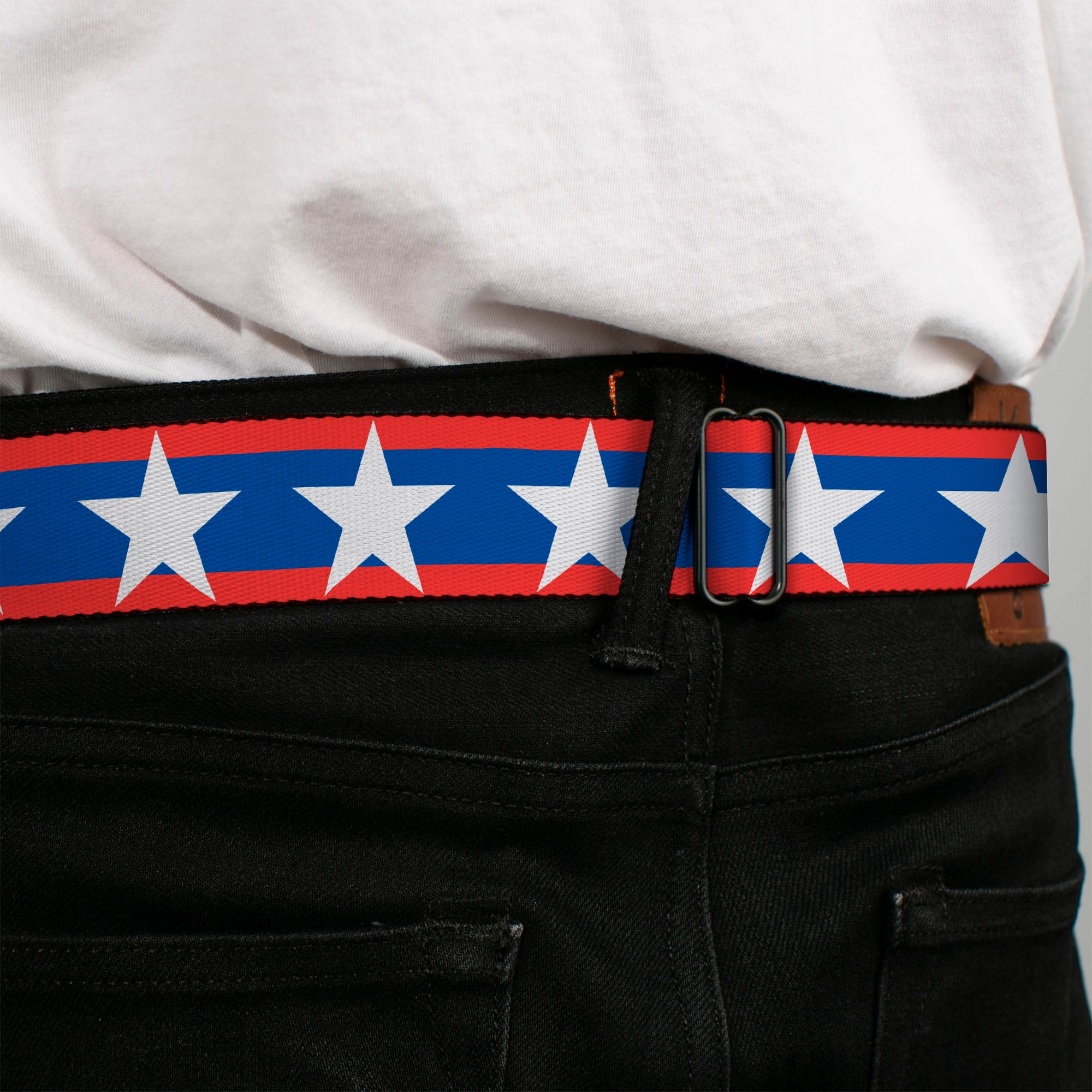 BD Wings Logo CLOSE-UP Full Color Black Silver Seatbelt Belt - Stars/Stripes Red/Blue/White Webbing Seatbelt Belts Buckle-Down