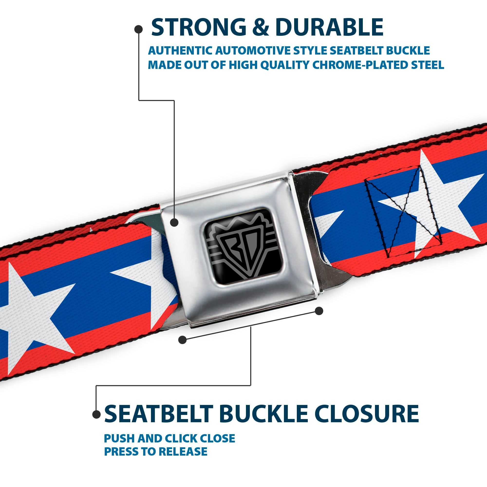 BD Wings Logo CLOSE-UP Full Color Black Silver Seatbelt Belt - Stars/Stripes Red/Blue/White Webbing Seatbelt Belts Buckle-Down