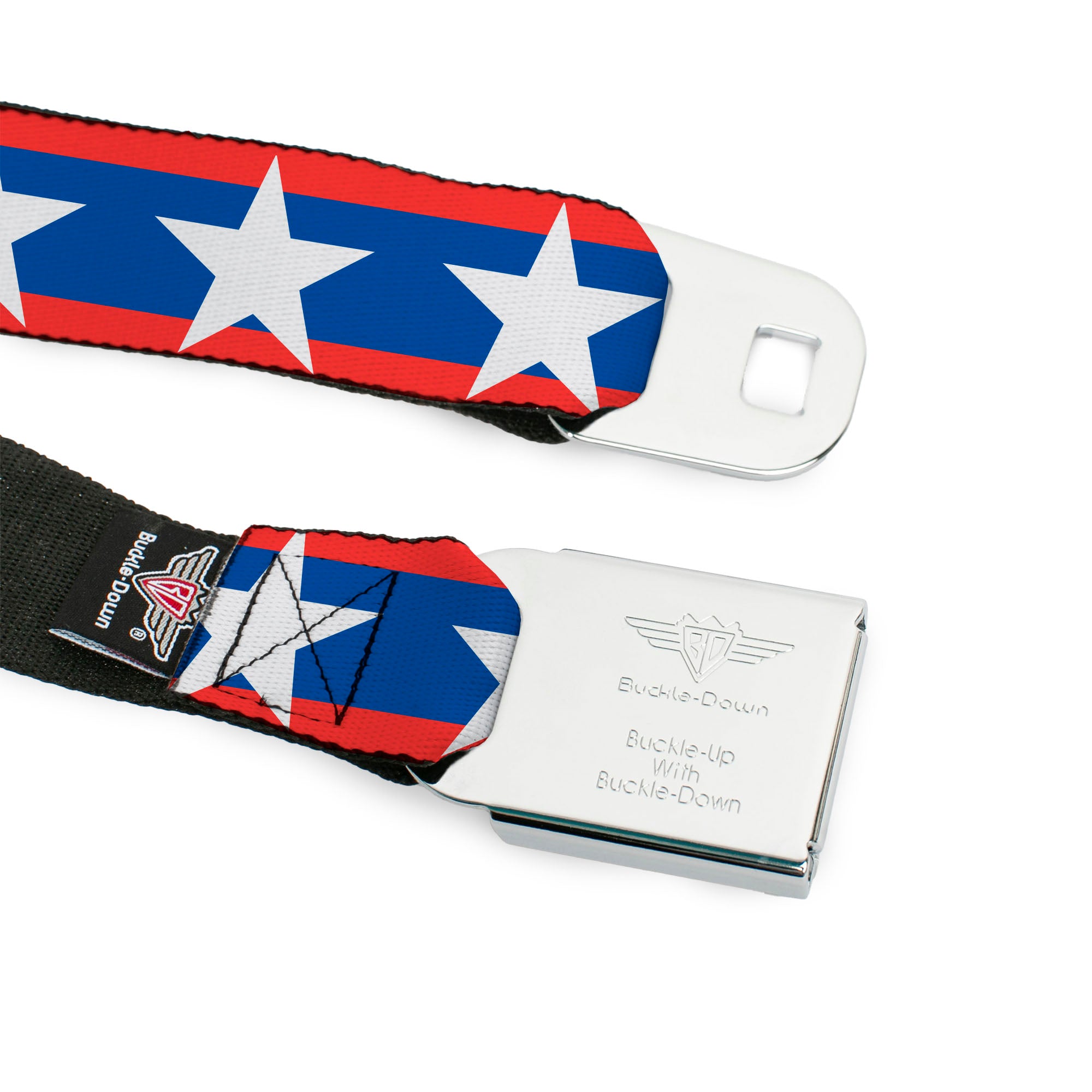 BD Wings Logo CLOSE-UP Full Color Black Silver Seatbelt Belt - Stars/Stripes Red/Blue/White Webbing Seatbelt Belts Buckle-Down