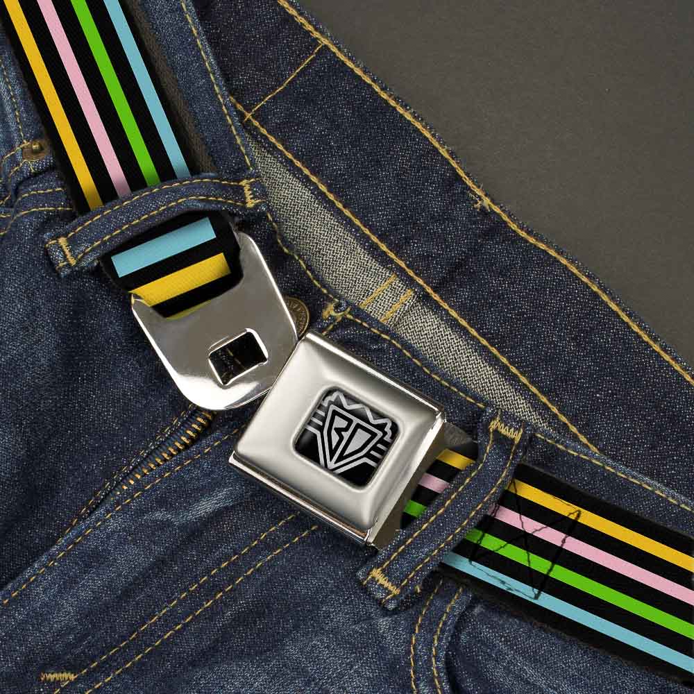 BD Wings Logo CLOSE-UP Full Color Black Silver Seatbelt Belt - Stripe Blocks Black/Multi Pastel Webbing Seatbelt Belts Buckle-Down
