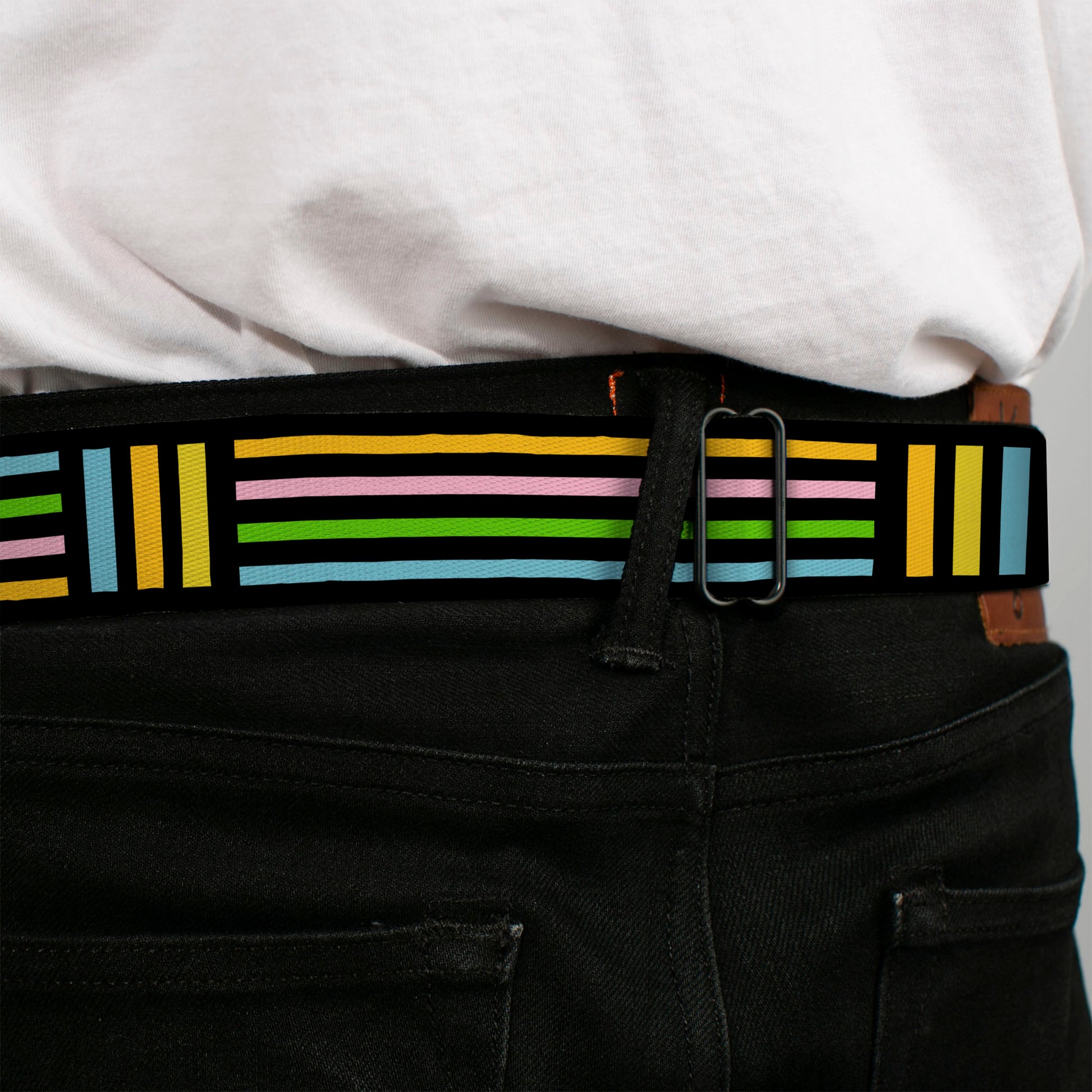 BD Wings Logo CLOSE-UP Full Color Black Silver Seatbelt Belt - Stripe Blocks Black/Multi Pastel Webbing Seatbelt Belts Buckle-Down