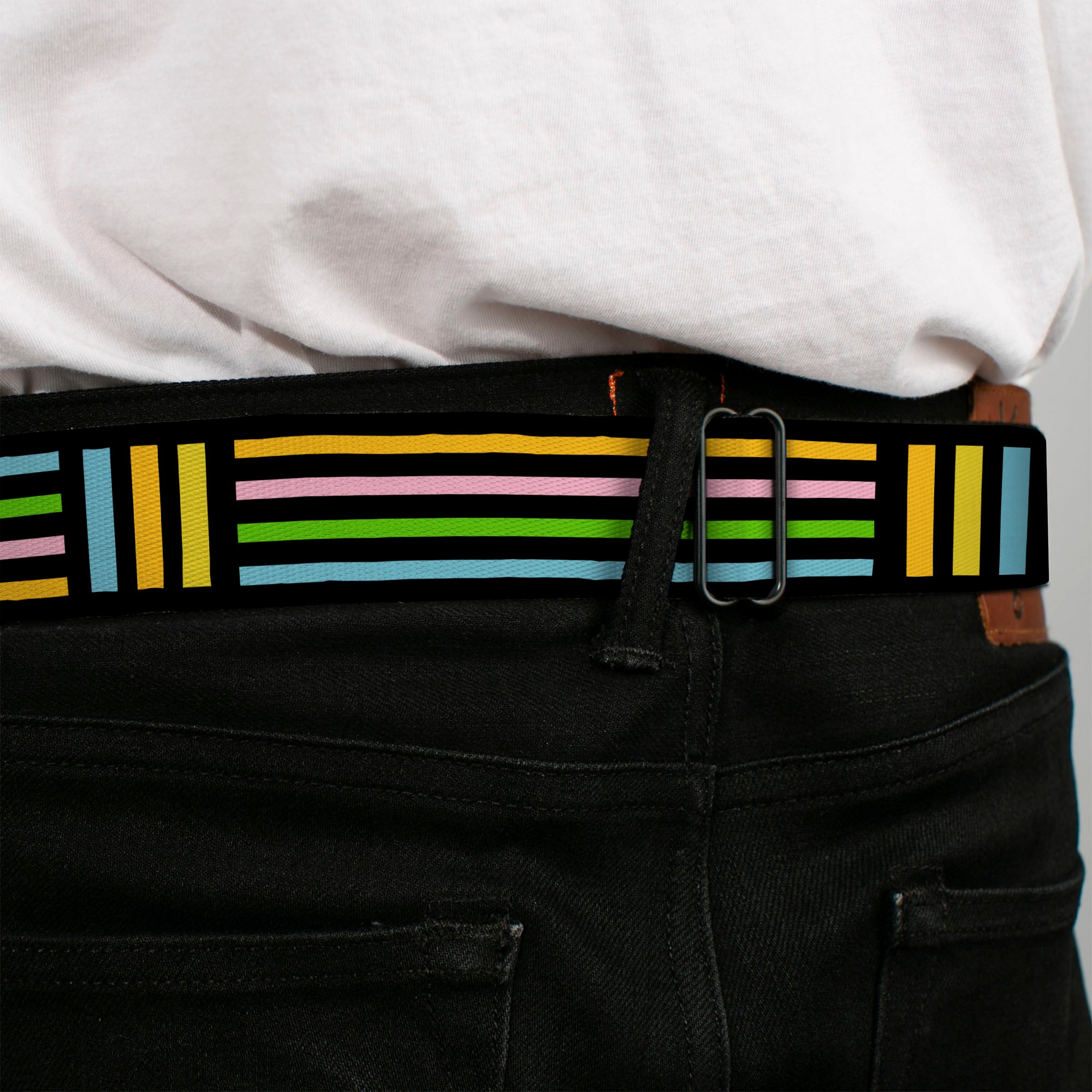 BD Wings Logo CLOSE-UP Full Color Black Silver Seatbelt Belt - Stripe Blocks Black/Multi Pastel Webbing Seatbelt Belts Buckle-Down