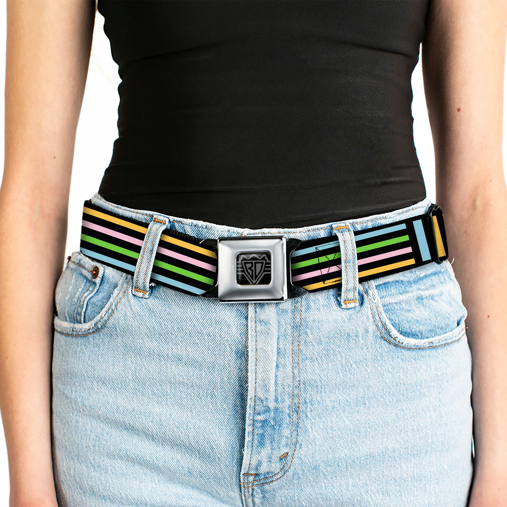 BD Wings Logo CLOSE-UP Full Color Black Silver Seatbelt Belt - Stripe Blocks Black/Multi Pastel Webbing Seatbelt Belts Buckle-Down