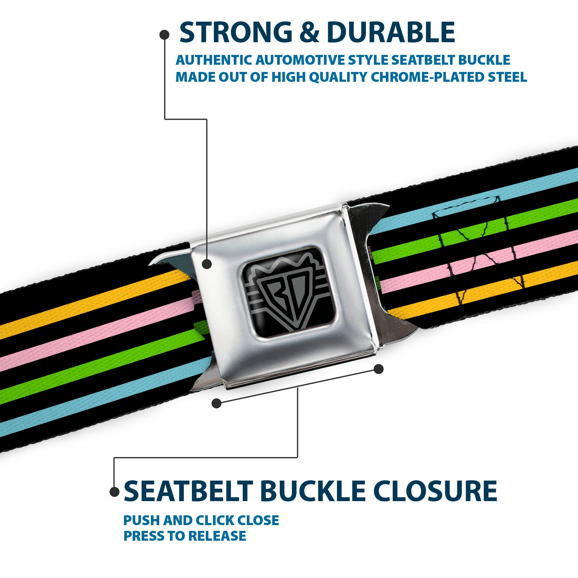 BD Wings Logo CLOSE-UP Full Color Black Silver Seatbelt Belt - Stripe Blocks Black/Multi Pastel Webbing Seatbelt Belts Buckle-Down