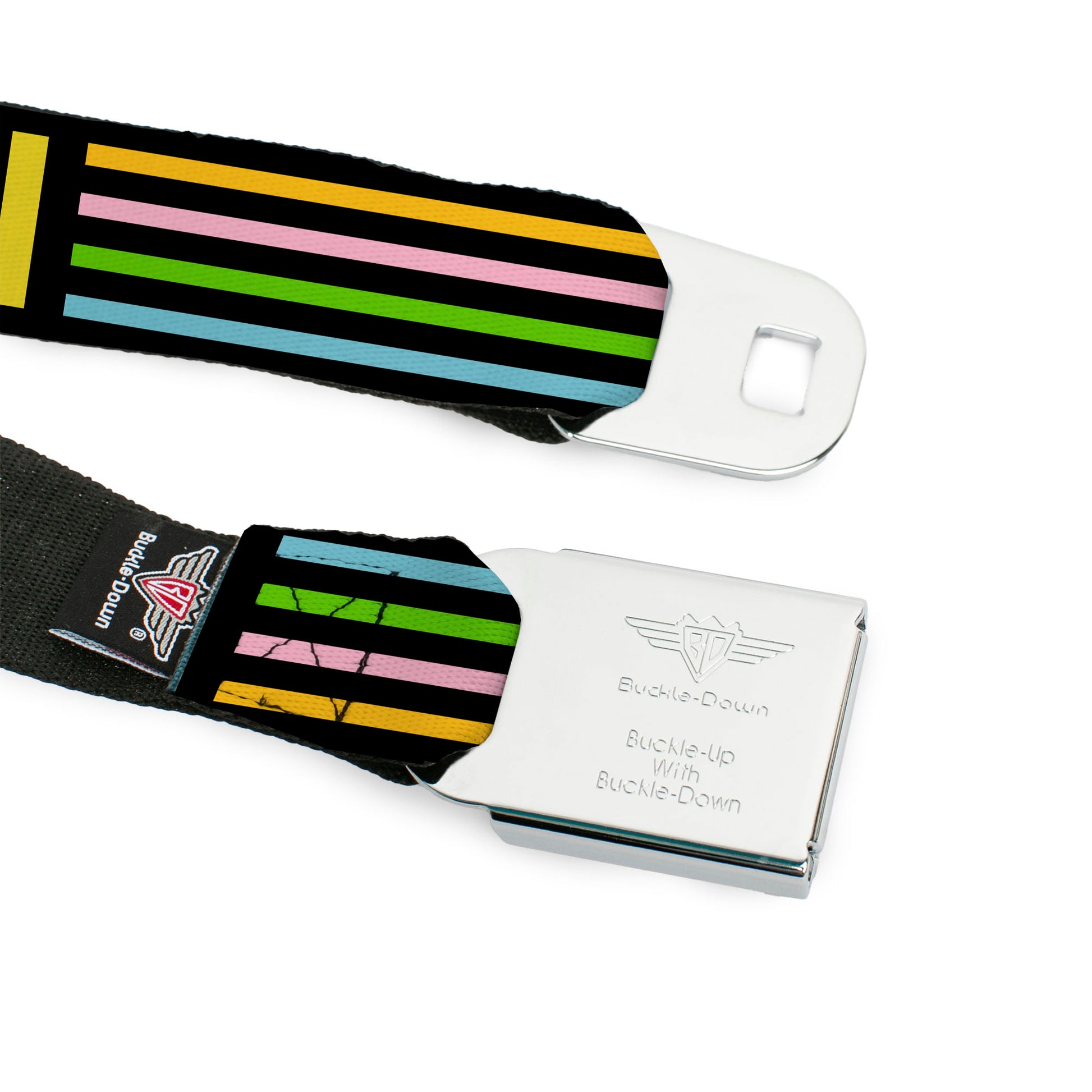 BD Wings Logo CLOSE-UP Full Color Black Silver Seatbelt Belt - Stripe Blocks Black/Multi Pastel Webbing Seatbelt Belts Buckle-Down