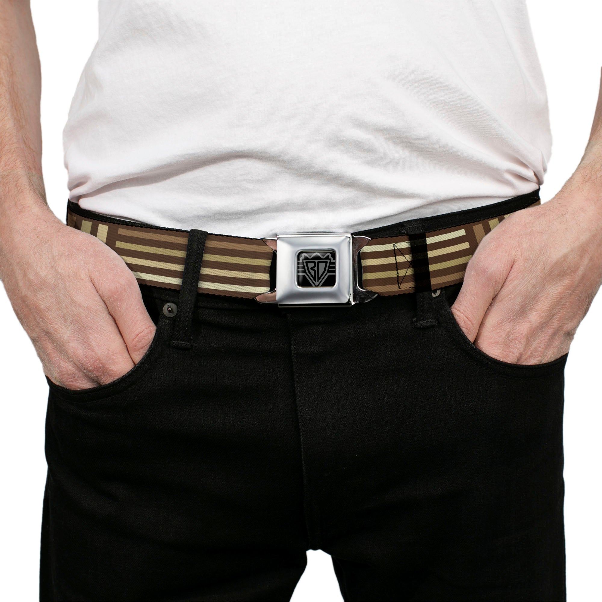 BD Wings Logo CLOSE-UP Full Color Black Silver Seatbelt Belt - Stripe Blocks Browns Webbing Seatbelt Belts Buckle-Down