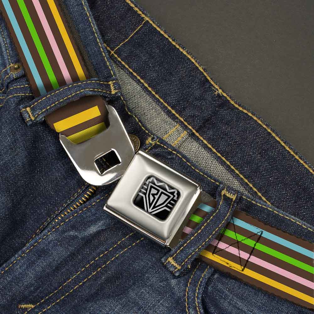BD Wings Logo CLOSE-UP Full Color Black Silver Seatbelt Belt - Stripe Blocks Brown/Multi Pastel Webbing Seatbelt Belts Buckle-Down
