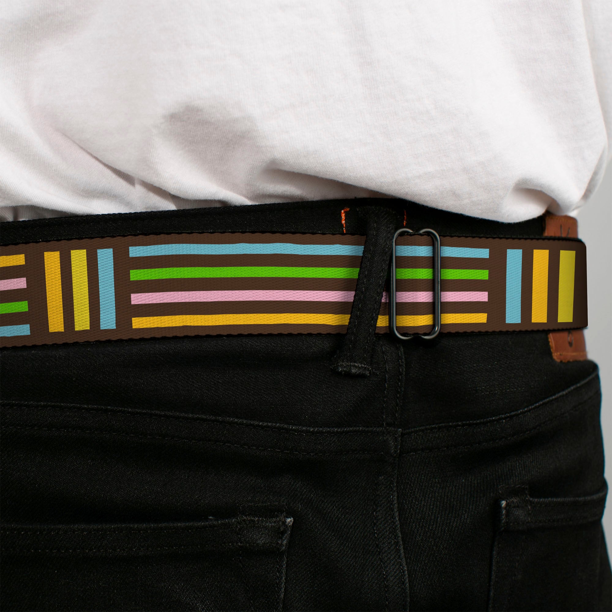 BD Wings Logo CLOSE-UP Full Color Black Silver Seatbelt Belt - Stripe Blocks Brown/Multi Pastel Webbing Seatbelt Belts Buckle-Down