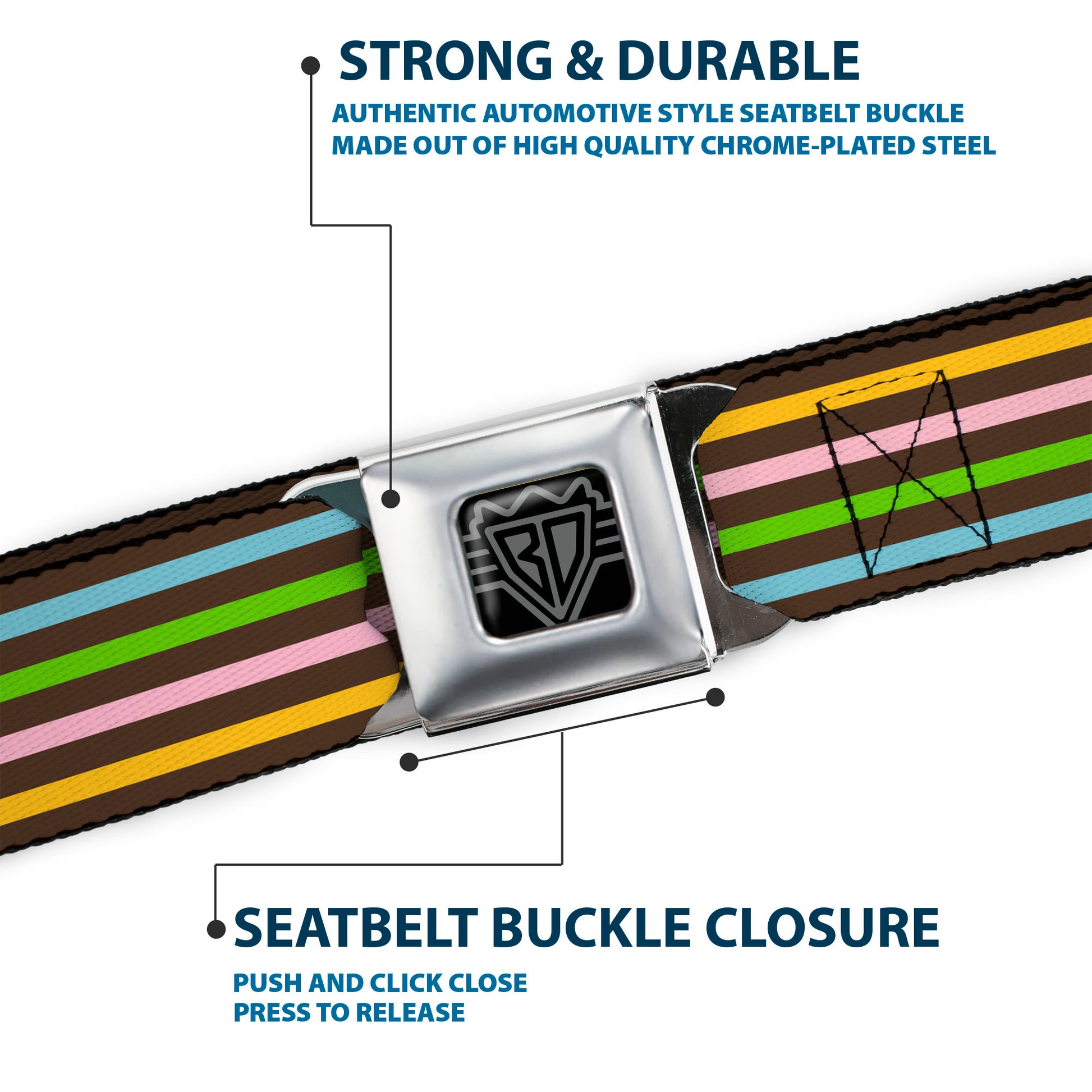 BD Wings Logo CLOSE-UP Full Color Black Silver Seatbelt Belt - Stripe Blocks Brown/Multi Pastel Webbing Seatbelt Belts Buckle-Down