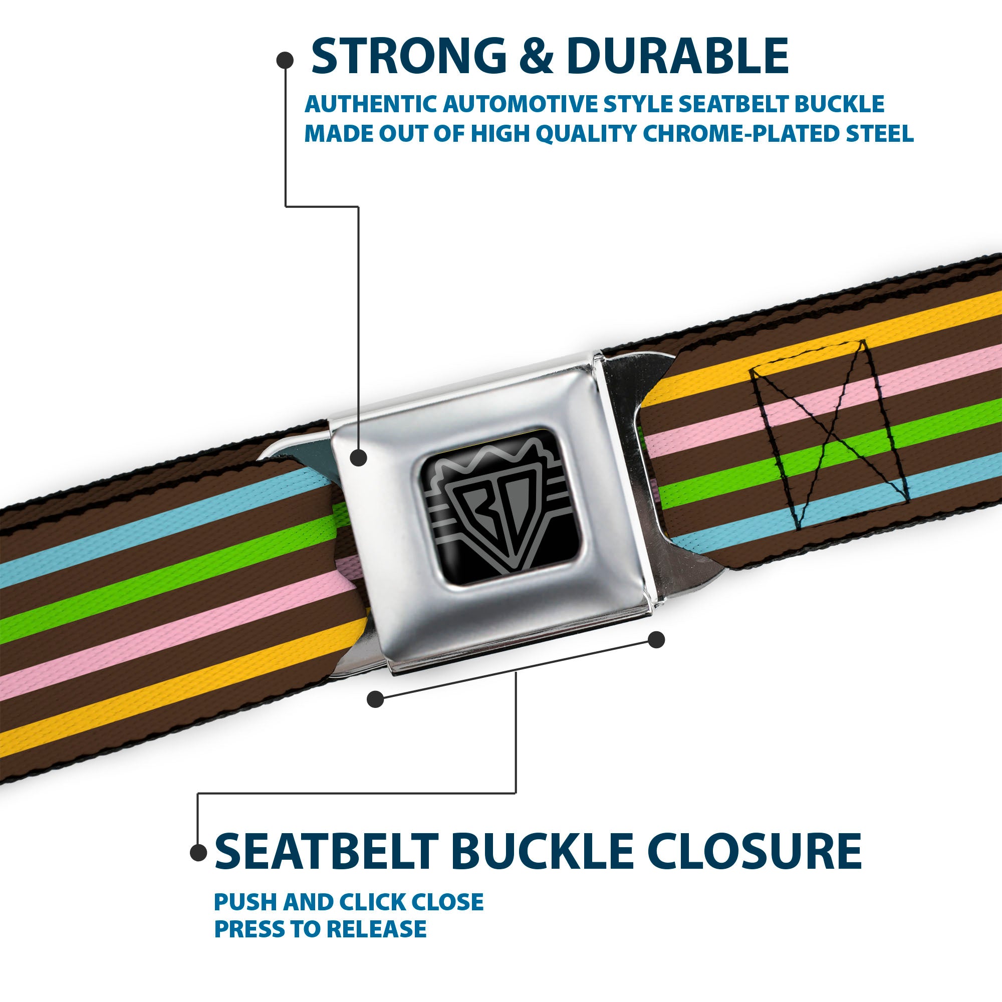 BD Wings Logo CLOSE-UP Full Color Black Silver Seatbelt Belt - Stripe Blocks Brown/Multi Pastel Webbing Seatbelt Belts Buckle-Down