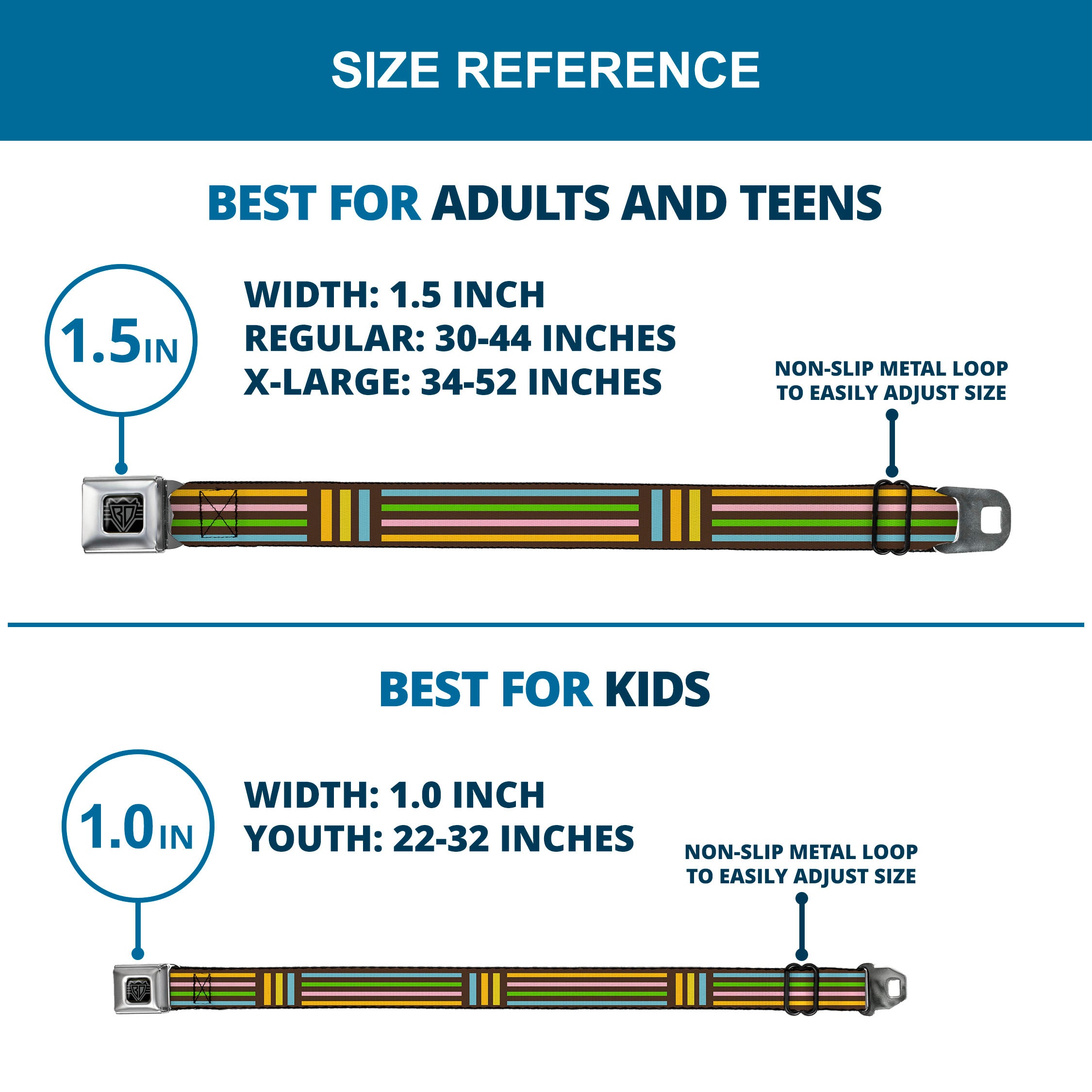 BD Wings Logo CLOSE-UP Full Color Black Silver Seatbelt Belt - Stripe Blocks Brown/Multi Pastel Webbing Seatbelt Belts Buckle-Down