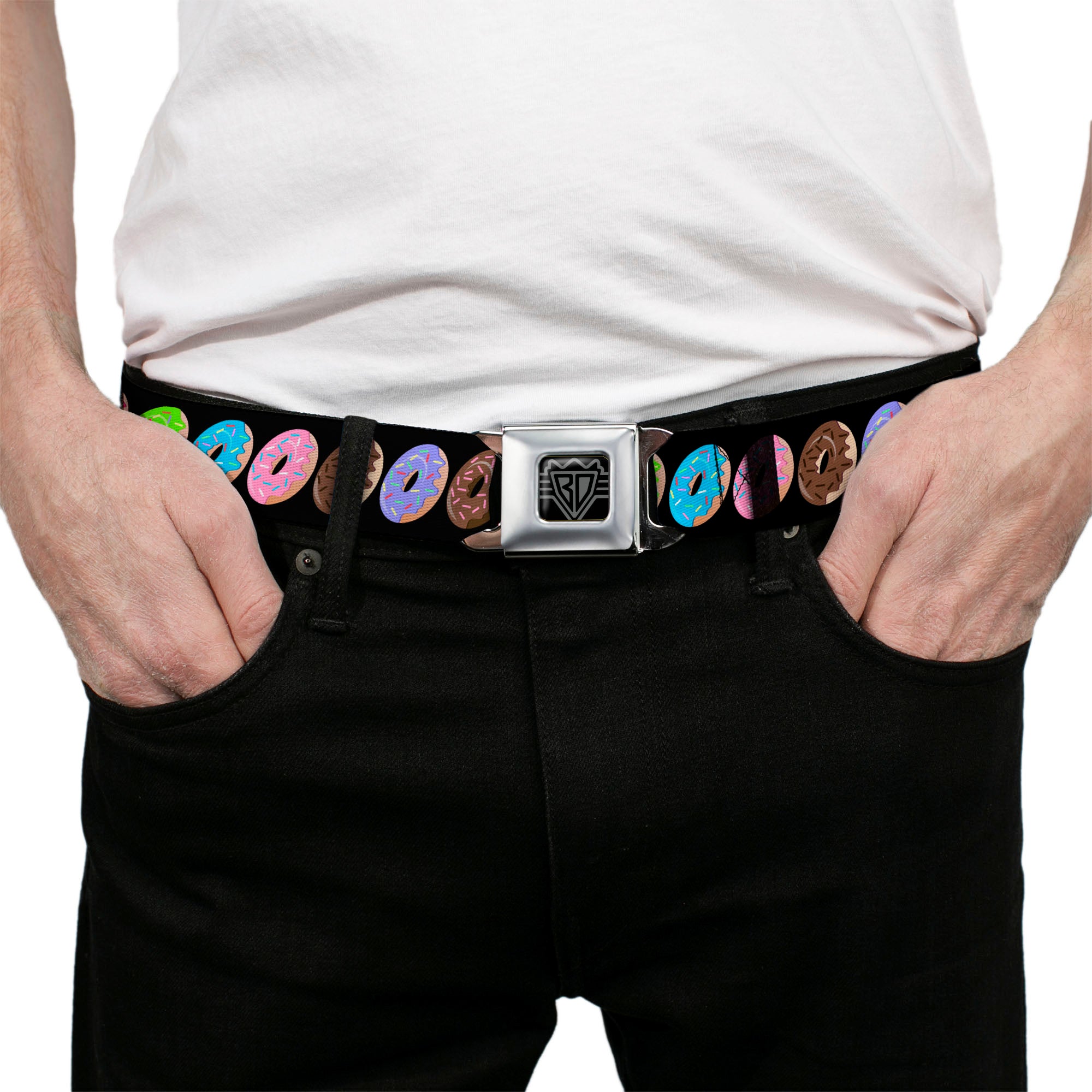 BD Wings Logo CLOSE-UP Full Color Black Silver Seatbelt Belt - Sprinkle Donuts Black/Multi Color Webbing Seatbelt Belts Buckle-Down