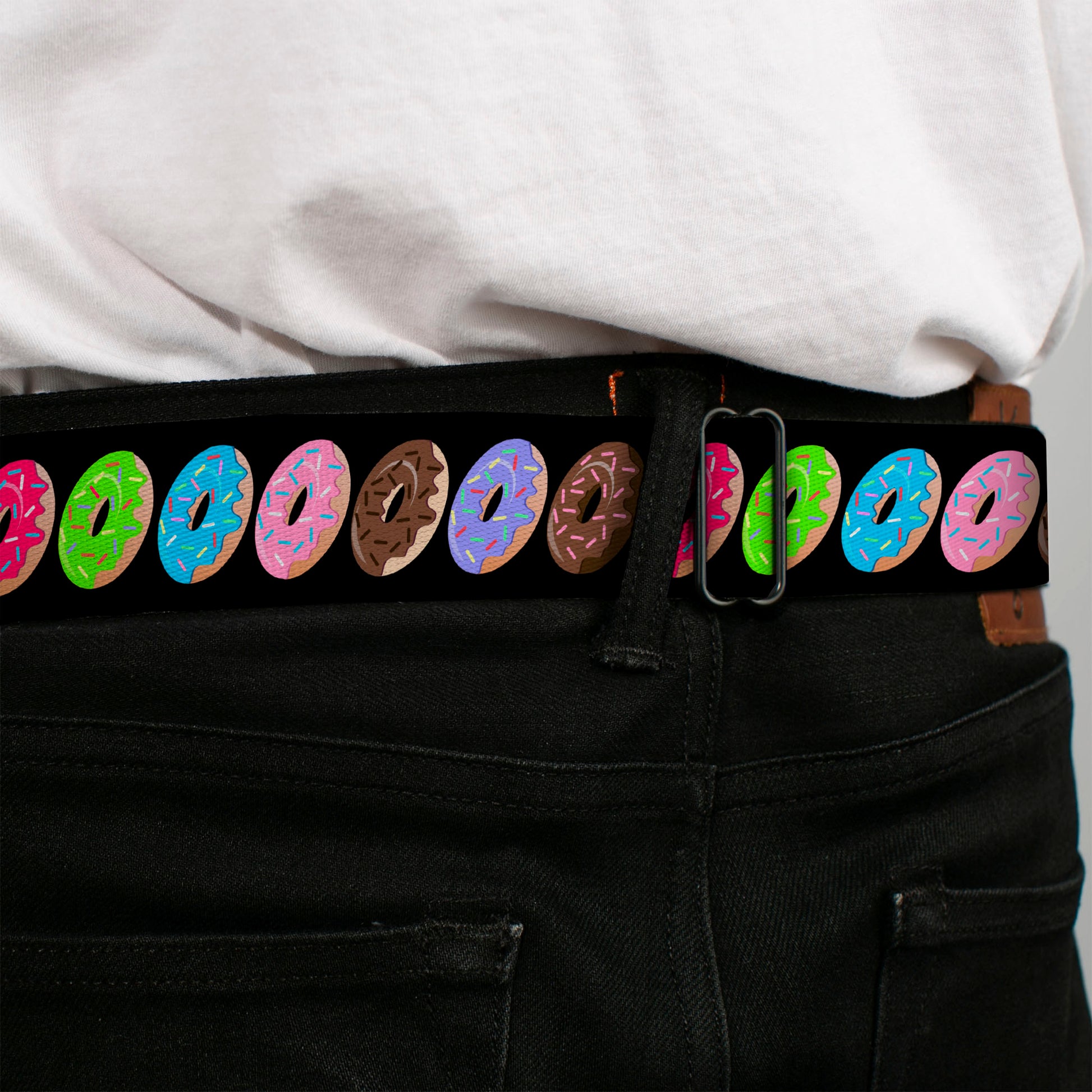 BD Wings Logo CLOSE-UP Full Color Black Silver Seatbelt Belt - Sprinkle Donuts Black/Multi Color Webbing Seatbelt Belts Buckle-Down