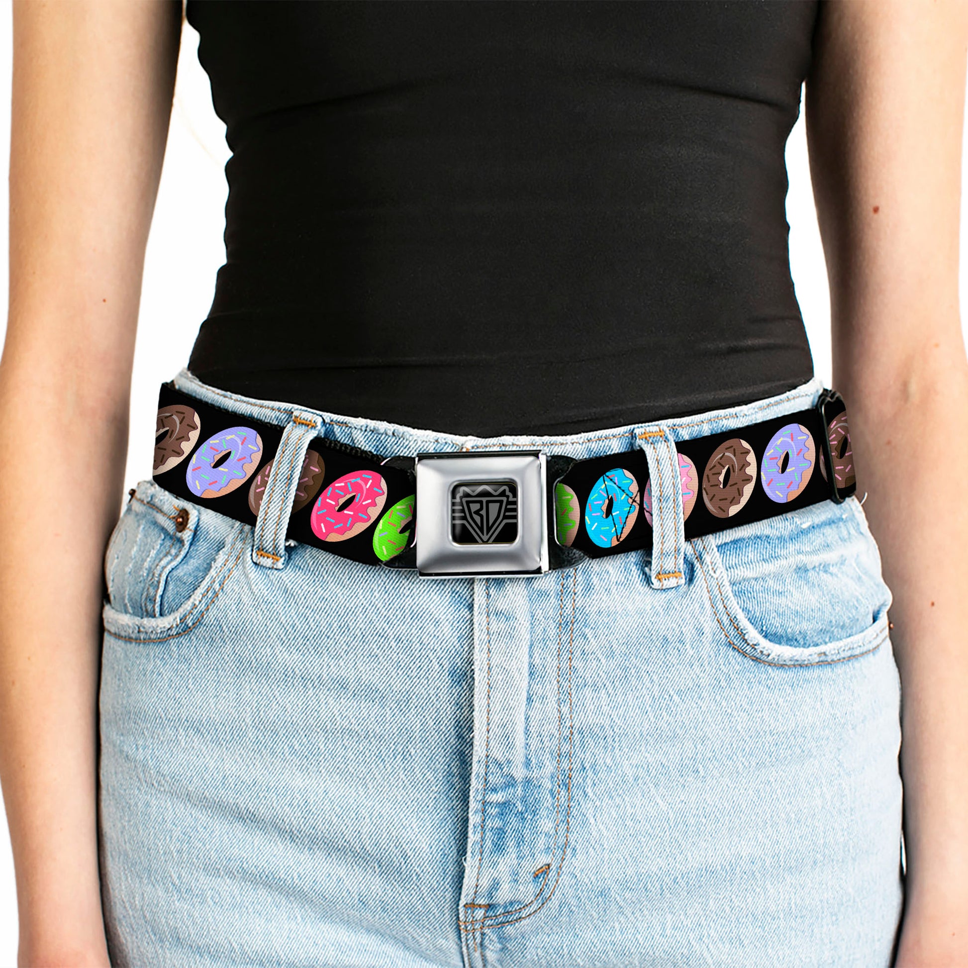 BD Wings Logo CLOSE-UP Full Color Black Silver Seatbelt Belt - Sprinkle Donuts Black/Multi Color Webbing Seatbelt Belts Buckle-Down